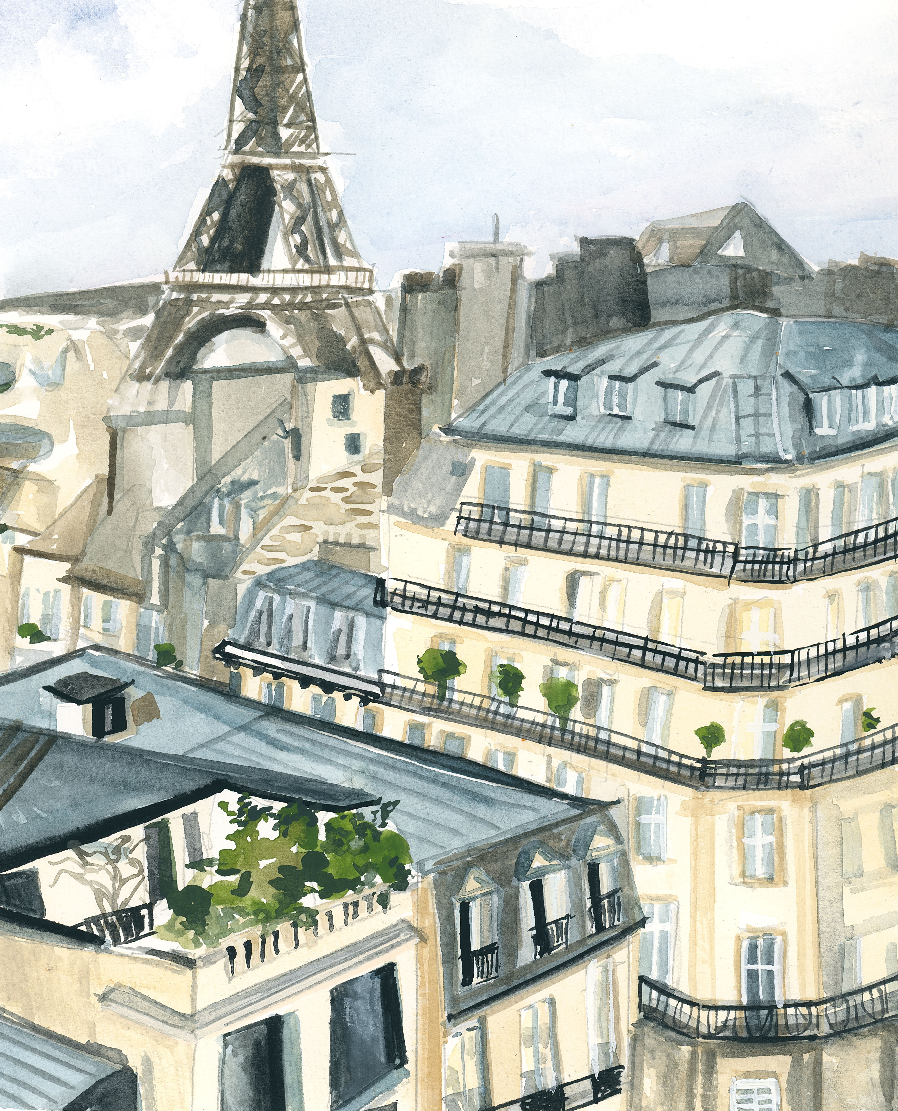 Watercolour wall art. Print of a painting of a view of buildings in Paris. 