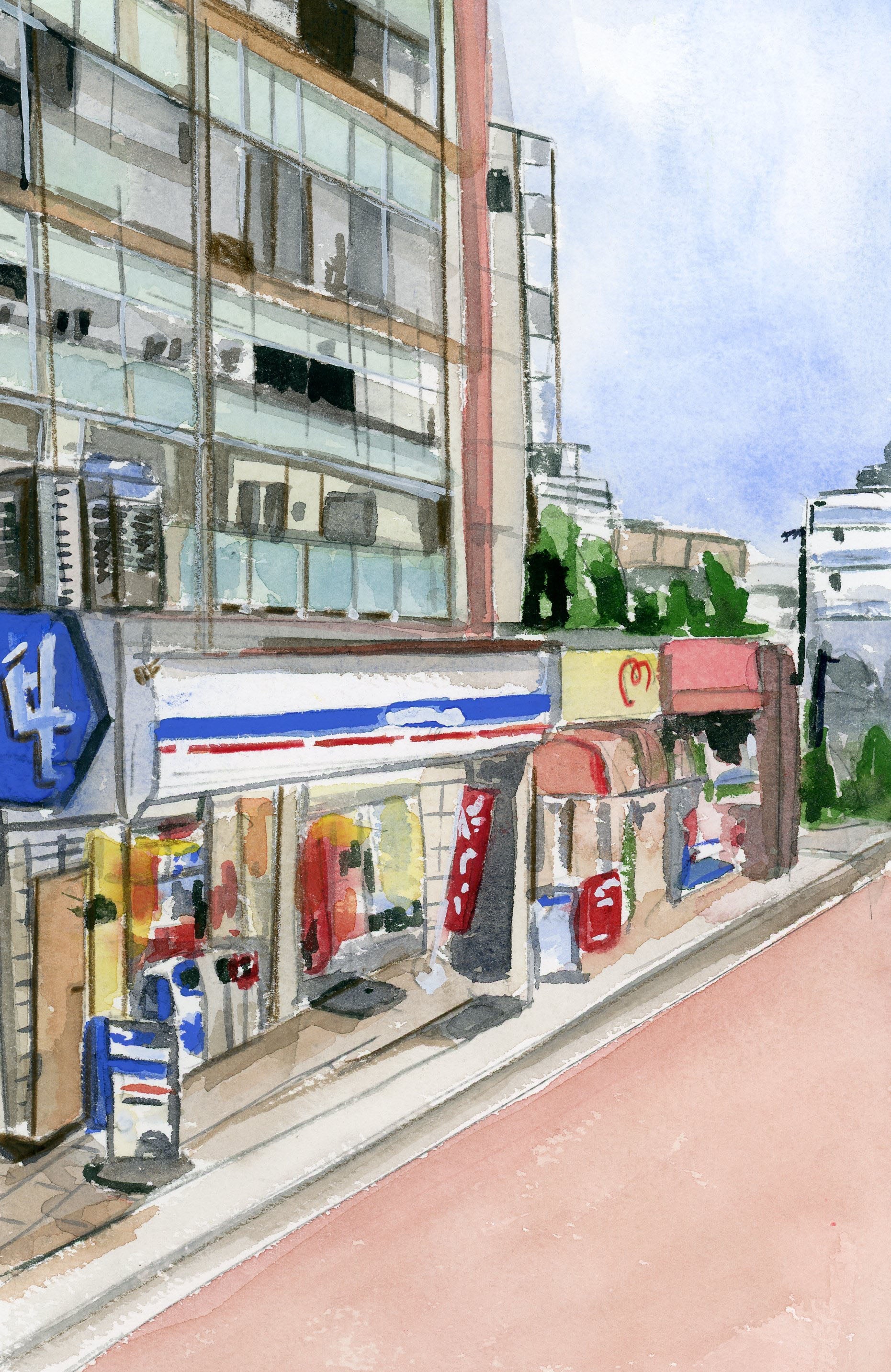 Watercolour painting of store fronts in Japan. Wall art print for your home.