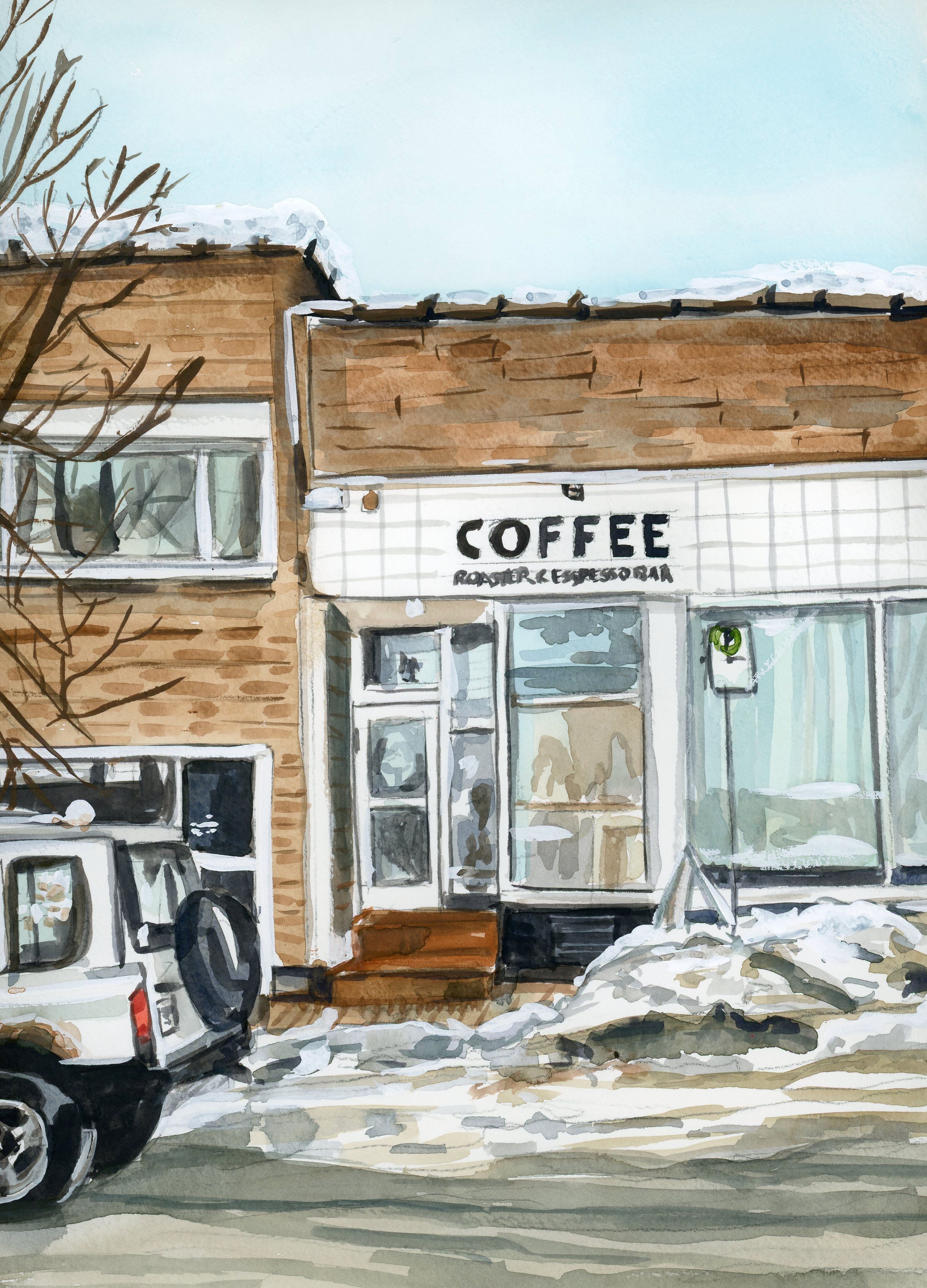 Watercolour print of a coffee shop in Canada. Wall art for your home.