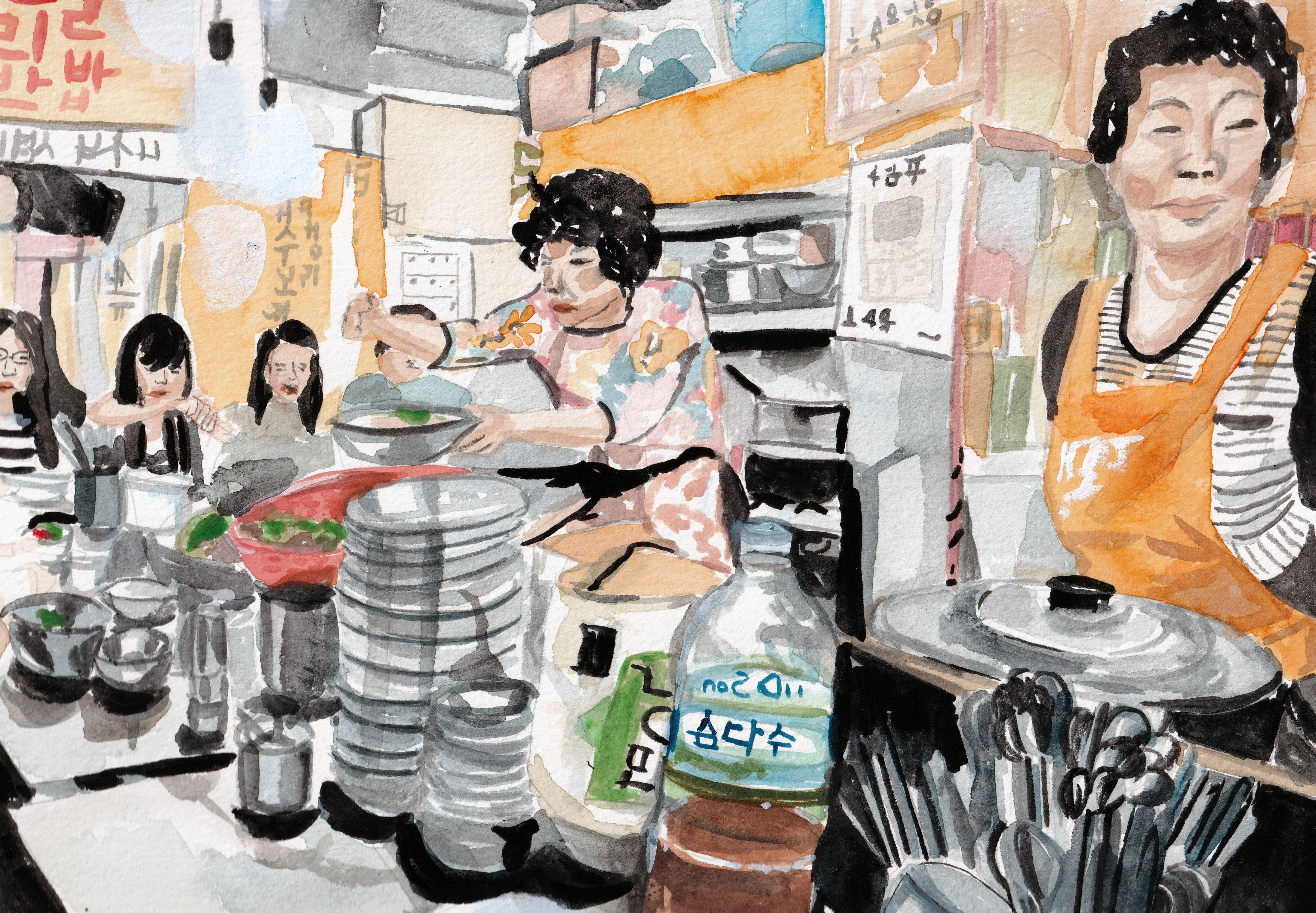 Watercolour painting of Korean Street Food life. Wall art print for your kitchen, office or home decor.