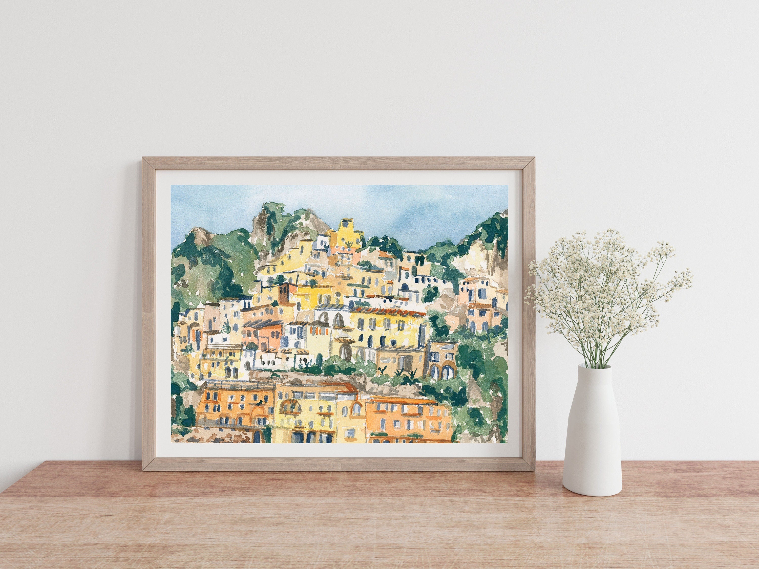 Amalfi coast building print of painting by Medjool Studio. Print of original gouache painting with pink and yellow building features from Amalfi coast town Positano in Italy and surrounding greenery.