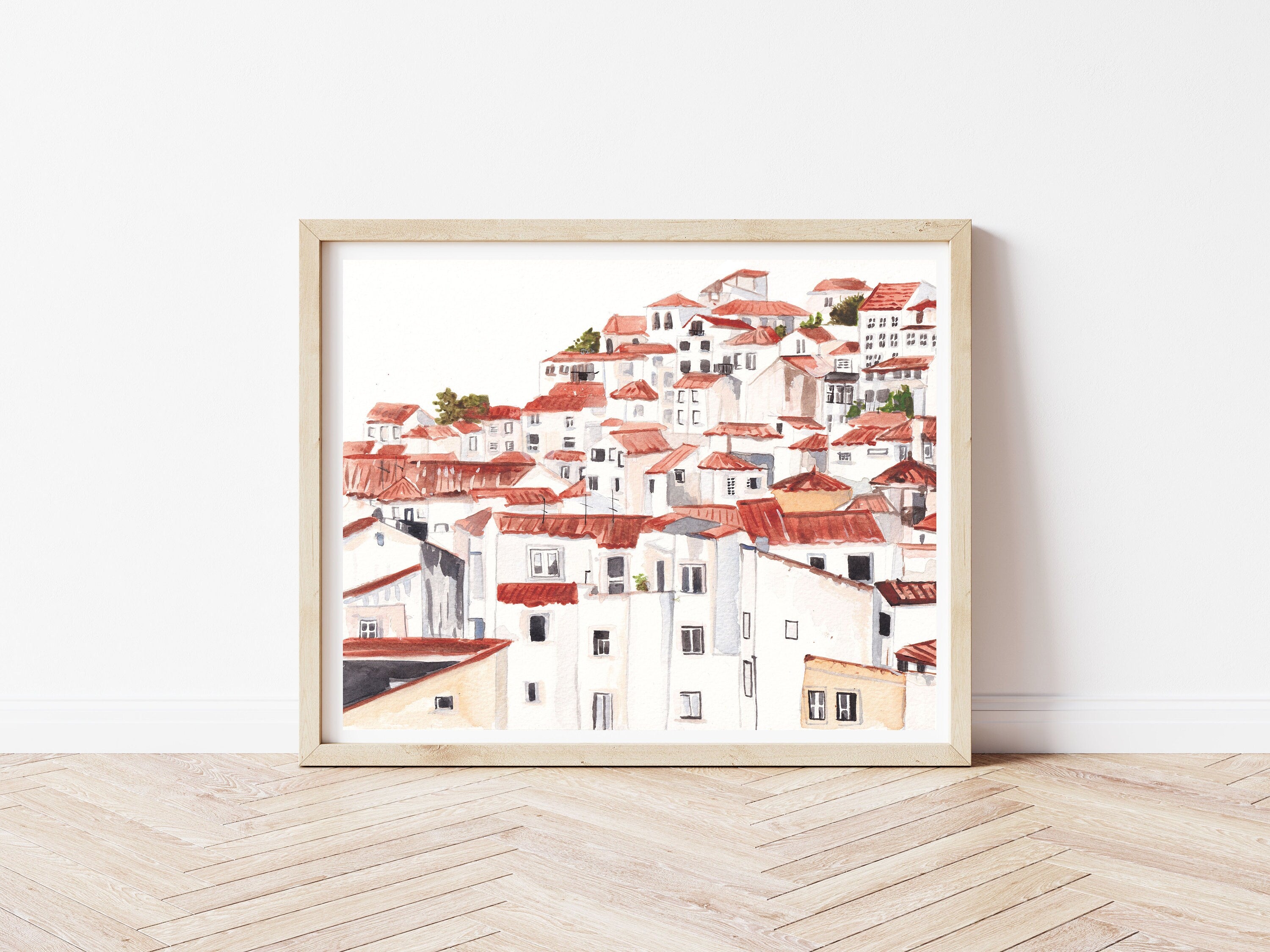 Amalfi coast village print of painting by Medjool Studio. Print of original gouache painting evoking the charm of an Italian coastal village. This neutral toned art print captures the traditional buildings and cliffs of the Amalfi coast.