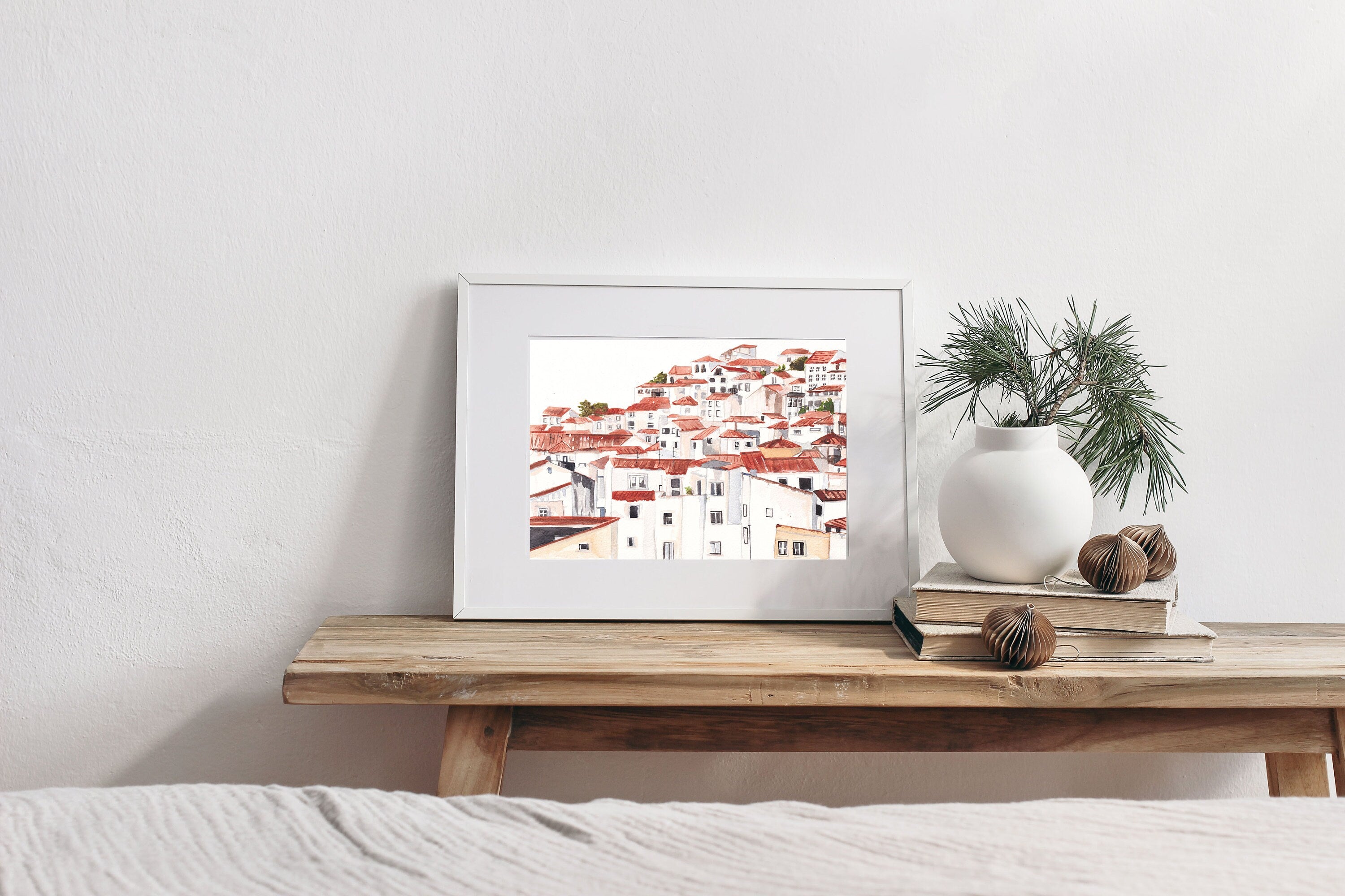 Amalfi coast village print of painting by Medjool Studio. Print of original gouache painting evoking the charm of an Italian coastal village. This neutral toned art print captures the traditional buildings and cliffs of the Amalfi coast.