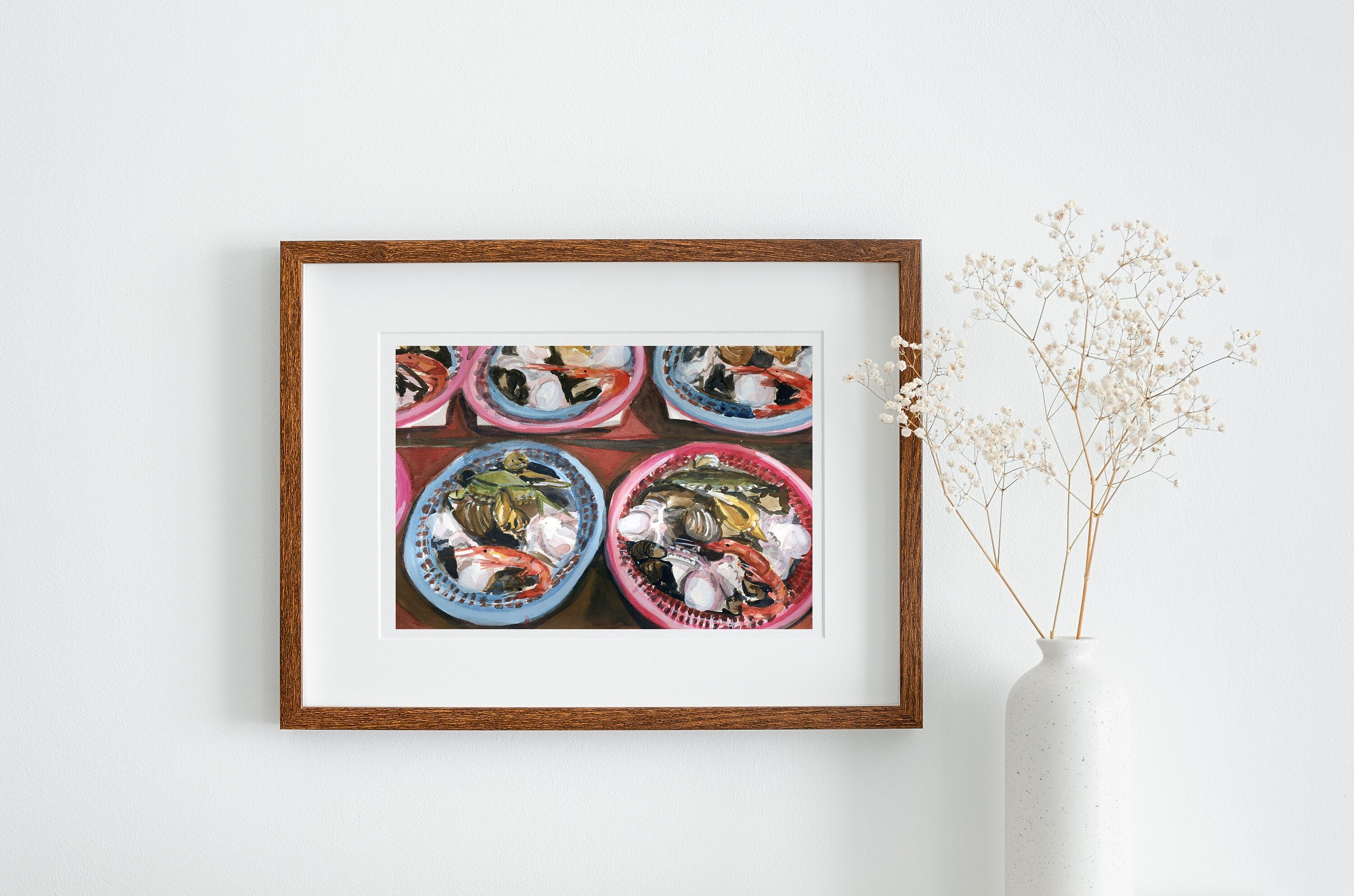 Asian fish market print of painting by Medjool Studio. Print of original gouache painting of an Asian fish market with vibrant coloured plates of different fish and seafood.