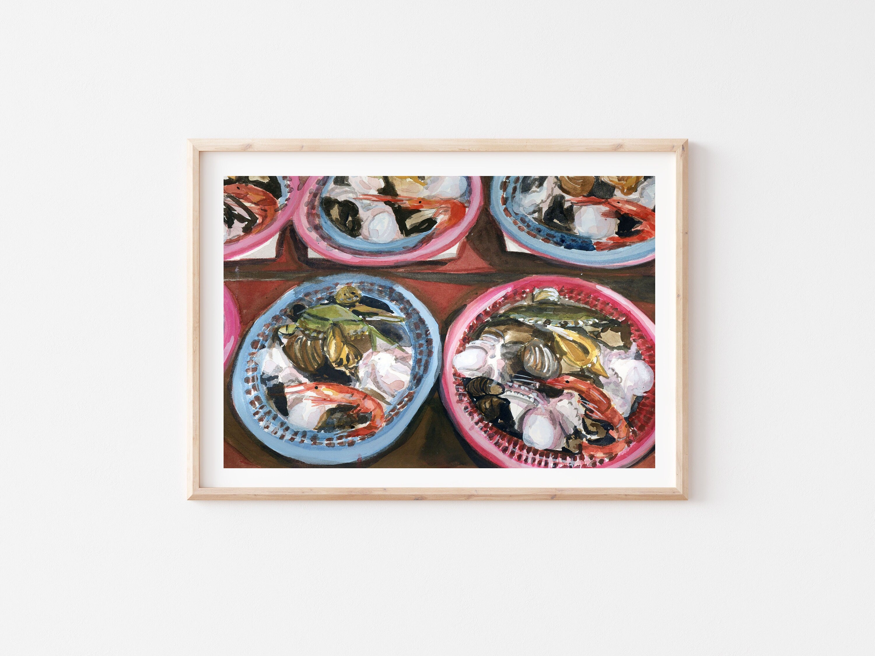 Asian fish market print of painting by Medjool Studio. Print of original gouache painting of an Asian fish market with vibrant coloured plates of different fish and seafood.