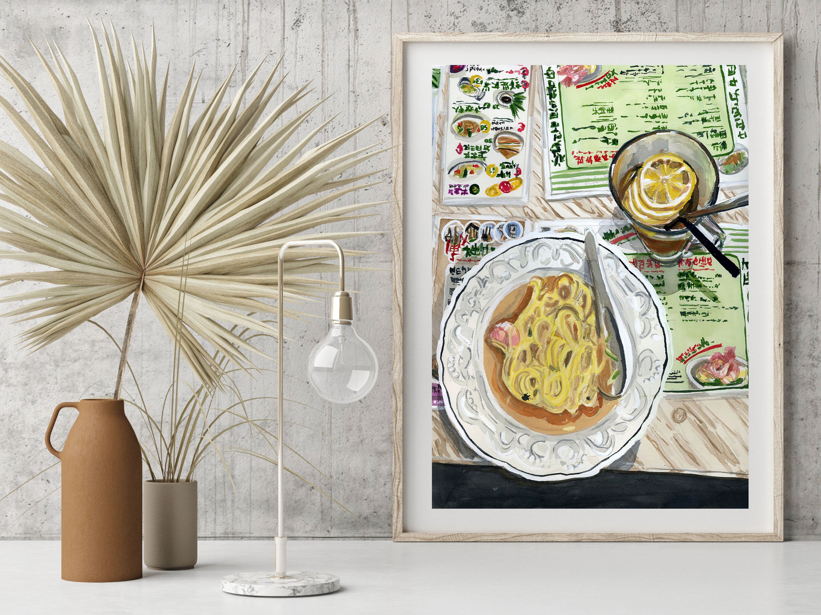 Asian noodles and Hong Kong tea print of painting by Medjool Studio. Print of original gouache painting of a noodle meal at a Hong Kong restaurant in Kowloon.