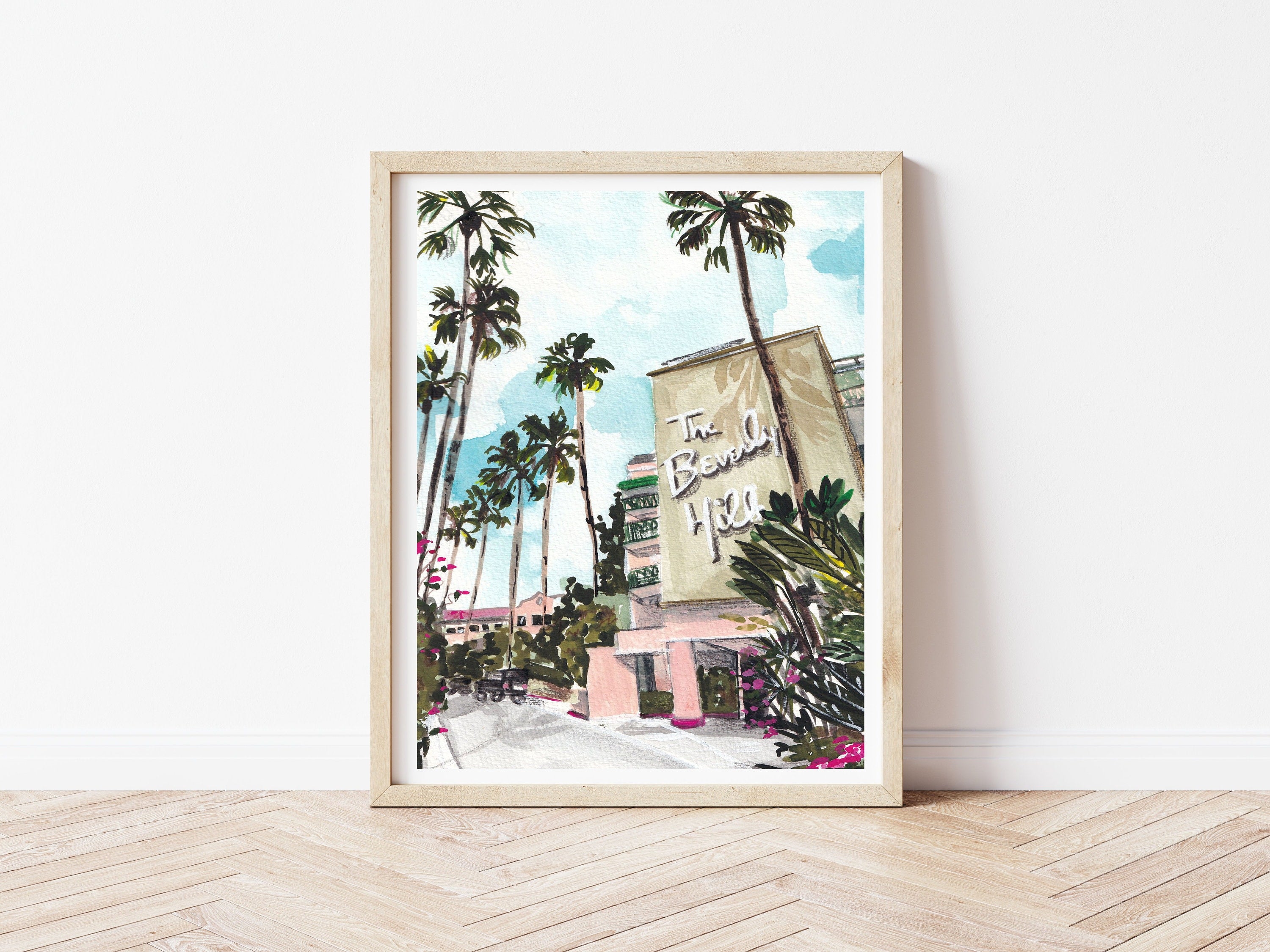 Beverly hills hotel print of painting by Medjool Studio. Print of original gouache painting of the Beverly Hills Hotel in Los Angeles California featuring the front of the hotel and palm trees.