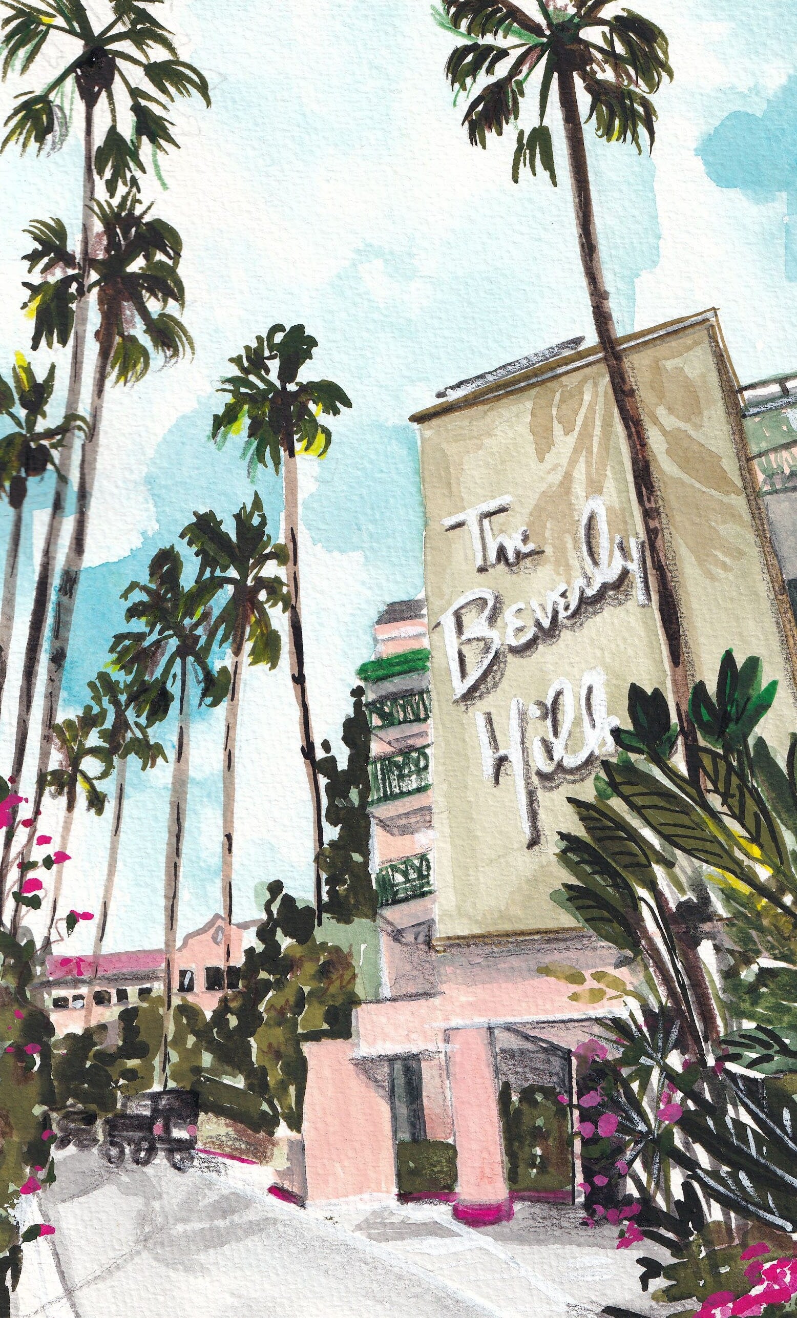 Beverly hills hotel print of painting by Medjool Studio. Print of original gouache painting of the Beverly Hills Hotel in Los Angeles California featuring the front of the hotel and palm trees.