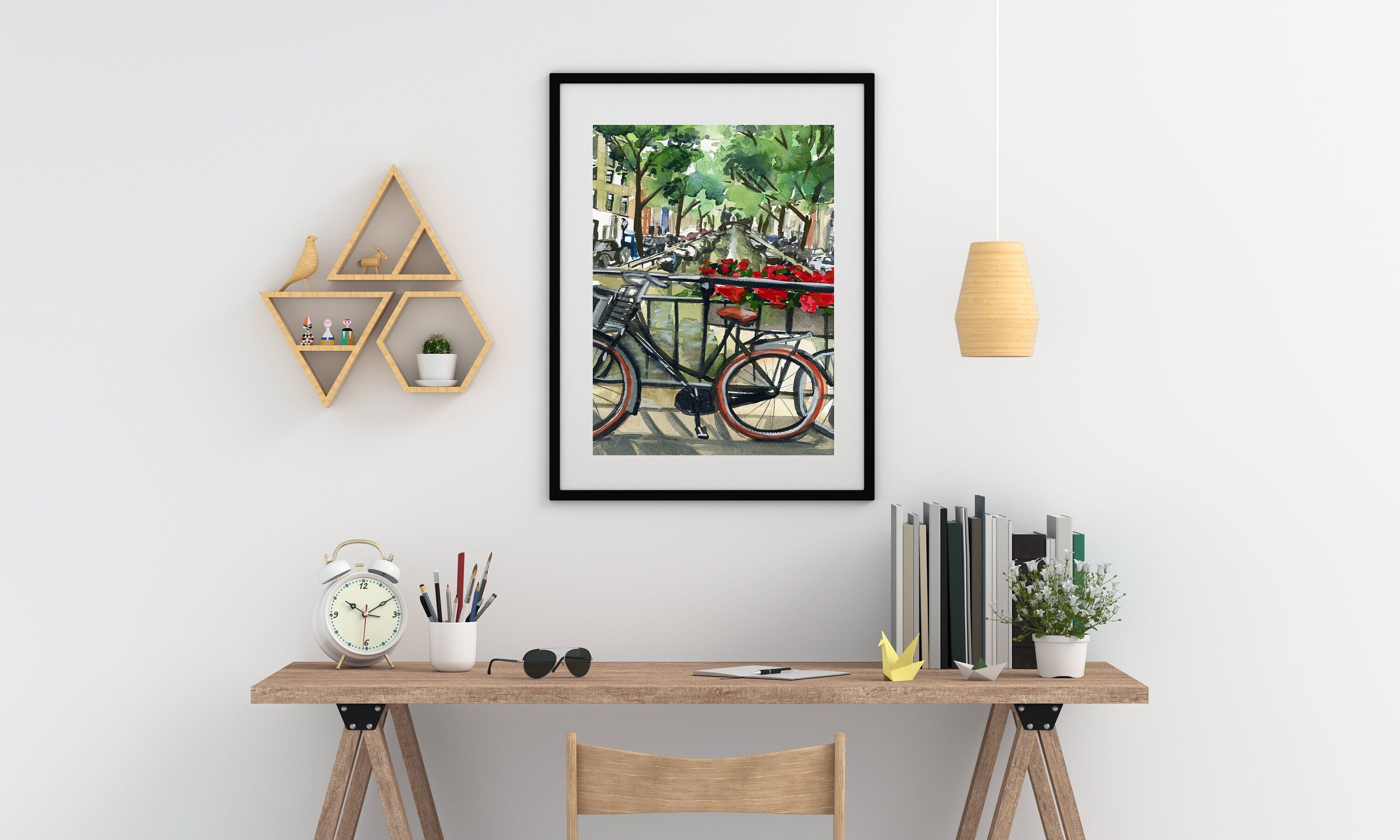 Bike on Amsterdam canal print of painting by Medjool Studio. Print of original gouache painting featuring a close up of a bike on a bridge that has red flowers along the railing looking over the Amsterdam canal.