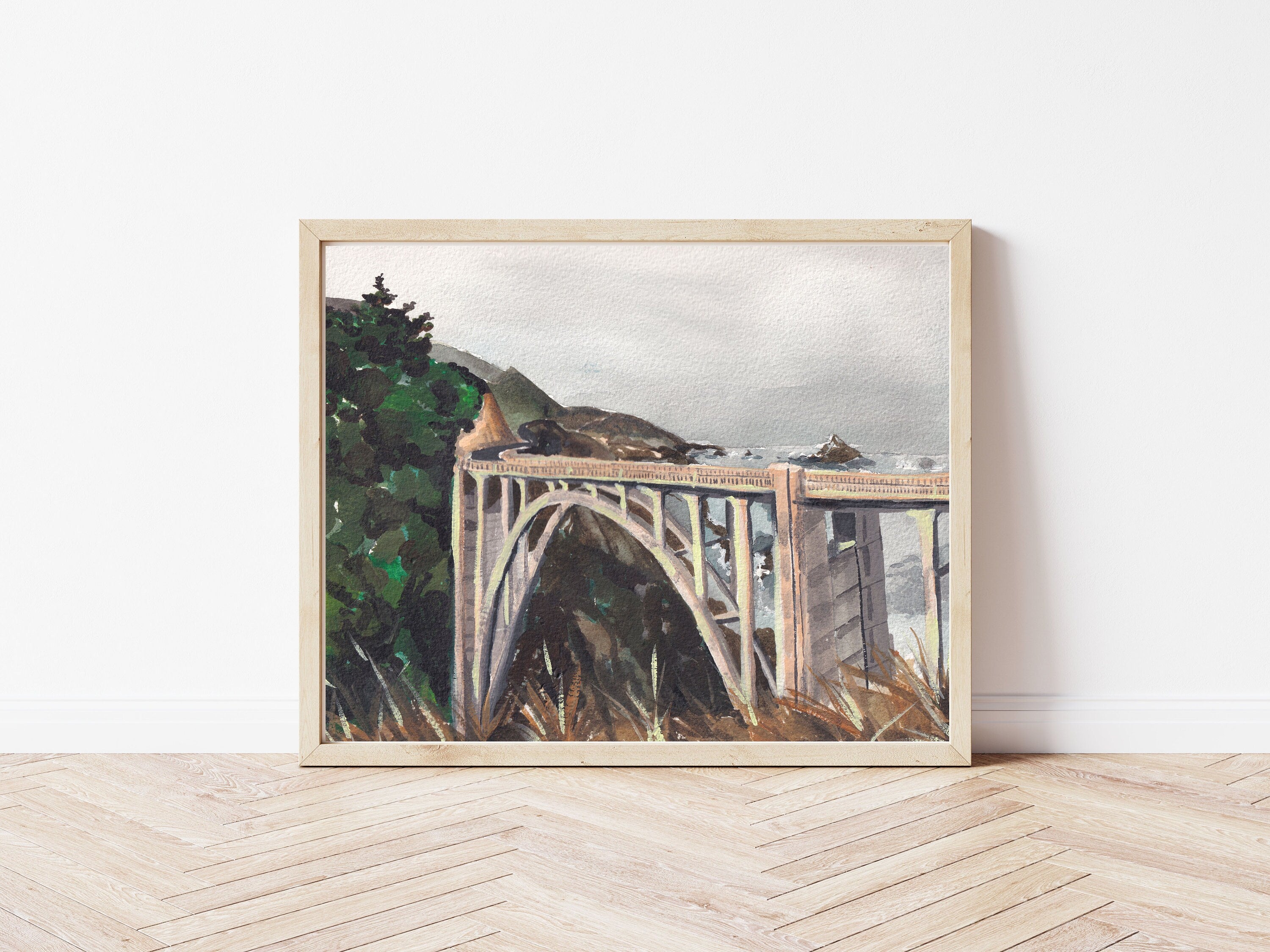 Bixby creek bridge print of painting by Medjool Studio. Print of original gouache painting featuring the Bixby Bridge in Big Sur California and landscape with greenery.