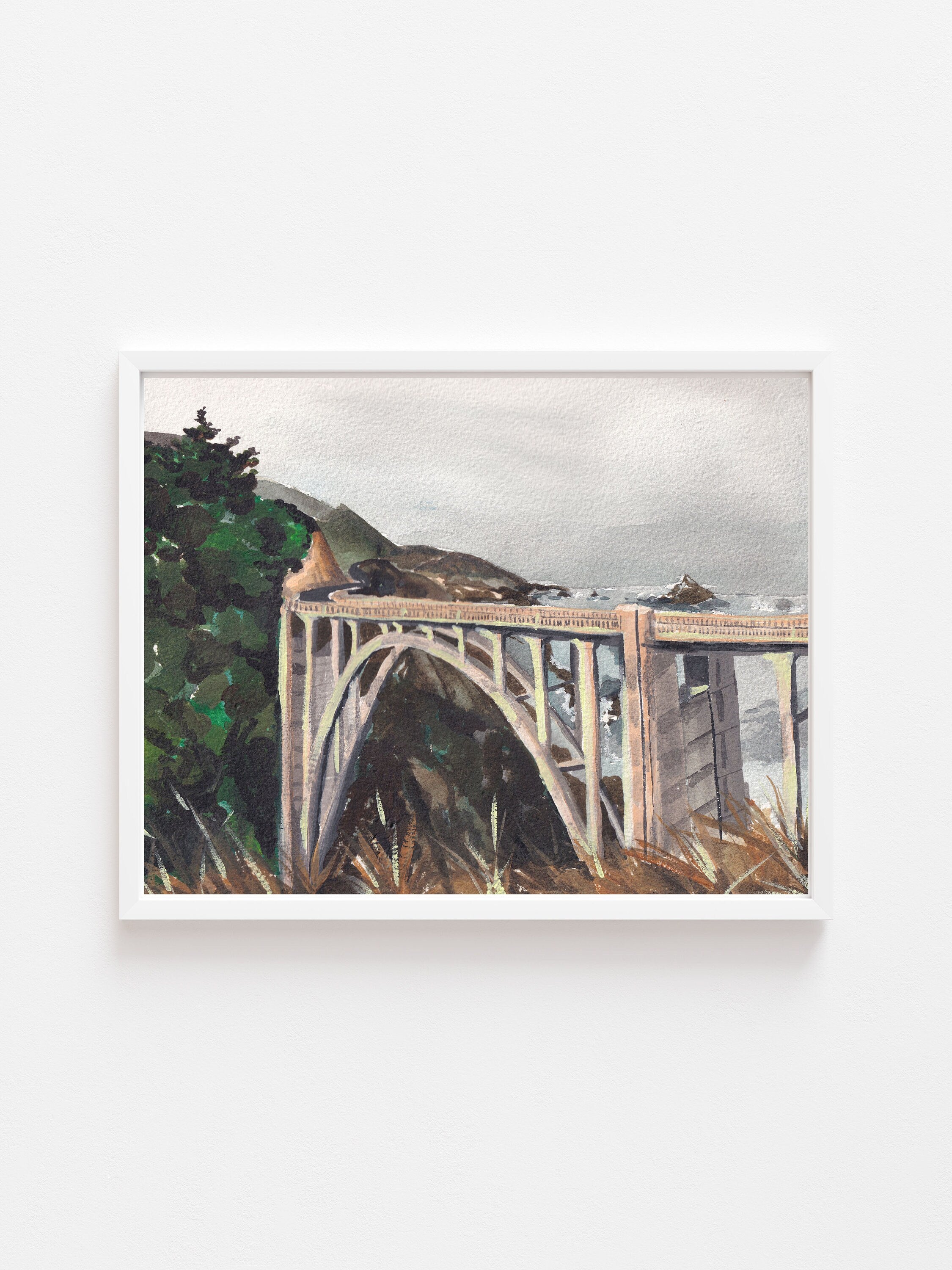 Bixby creek bridge print of painting by Medjool Studio. Print of original gouache painting featuring the Bixby Bridge in Big Sur California and landscape with greenery.