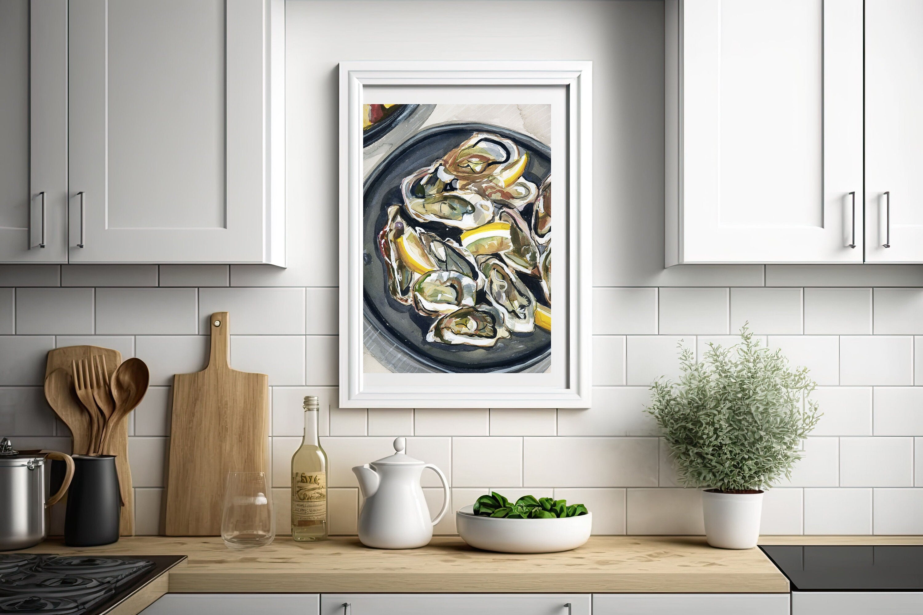 Black oyster watercolor print of painting by Medjool Studio. Print of original gouache painting that captures the delicate intricacies of an oyster shell in a mesmerizing watercolor style.