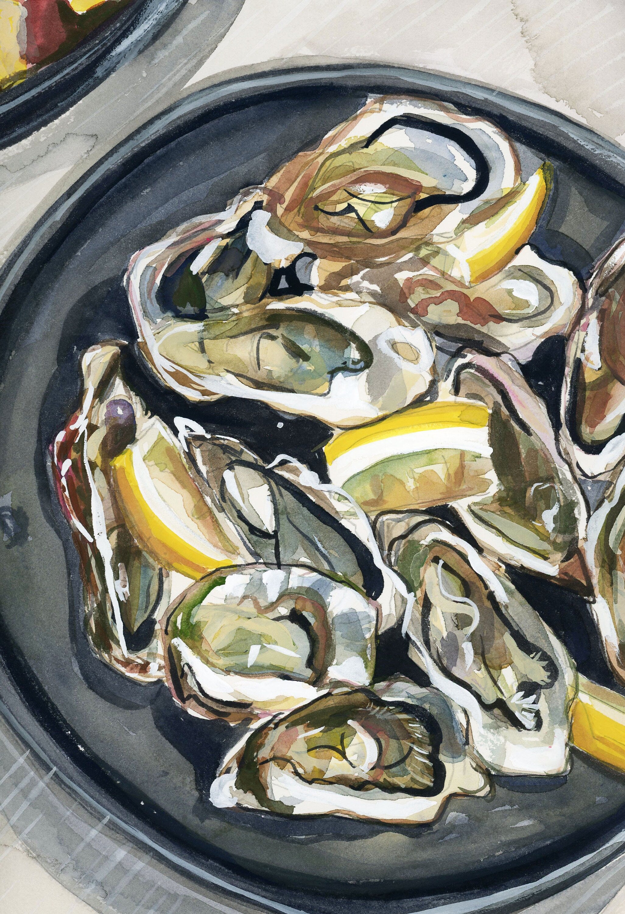 Black oyster watercolor print of painting by Medjool Studio. Print of original gouache painting that captures the delicate intricacies of an oyster shell in a mesmerizing watercolor style.