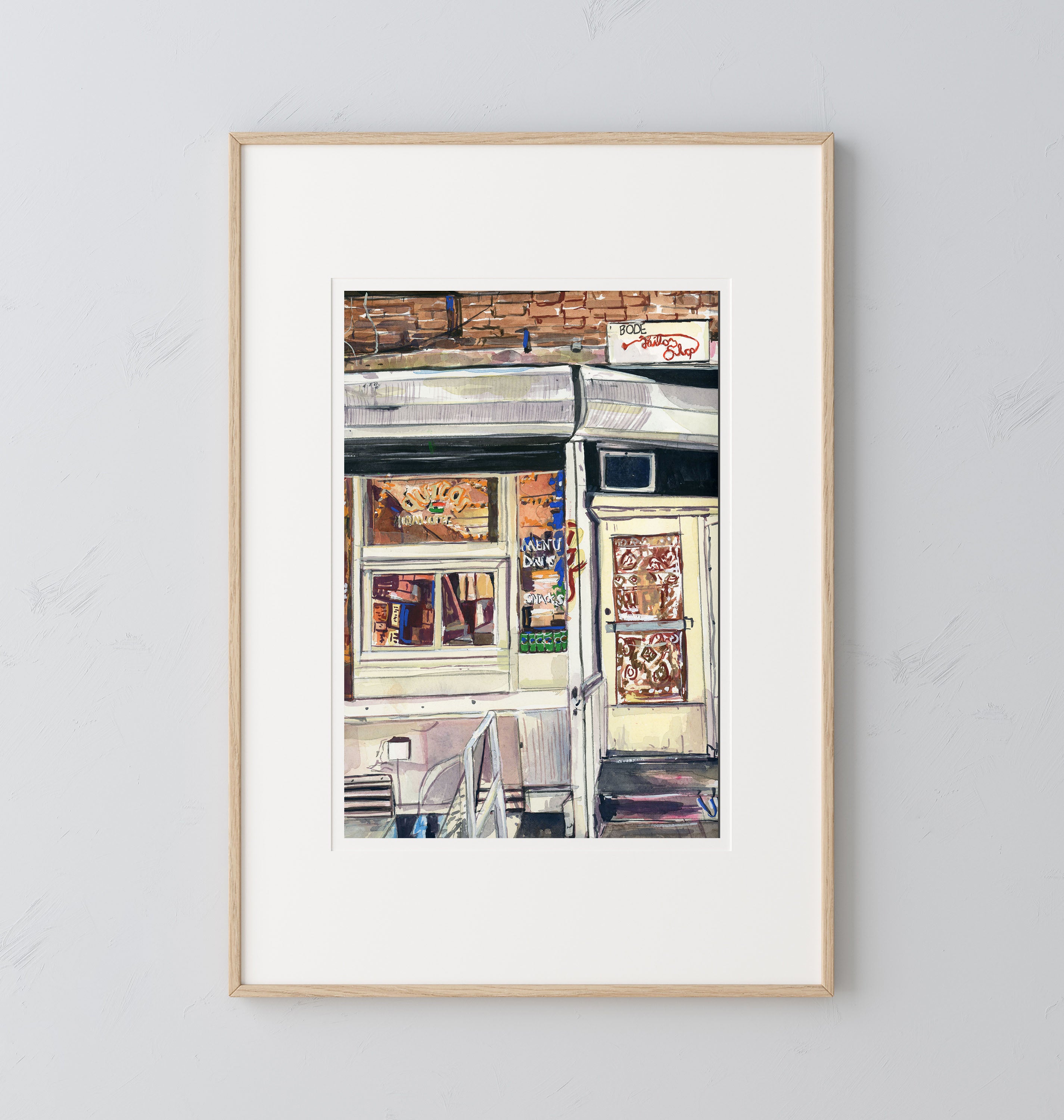 Bode Tailor Shop original painting by Medjool Studio. Original gouache painting captivating the essence of Bode Tailor Shop, nestled within the vibrant streets of SoHo, New York City, using contrasting neutral and vibrant colours.