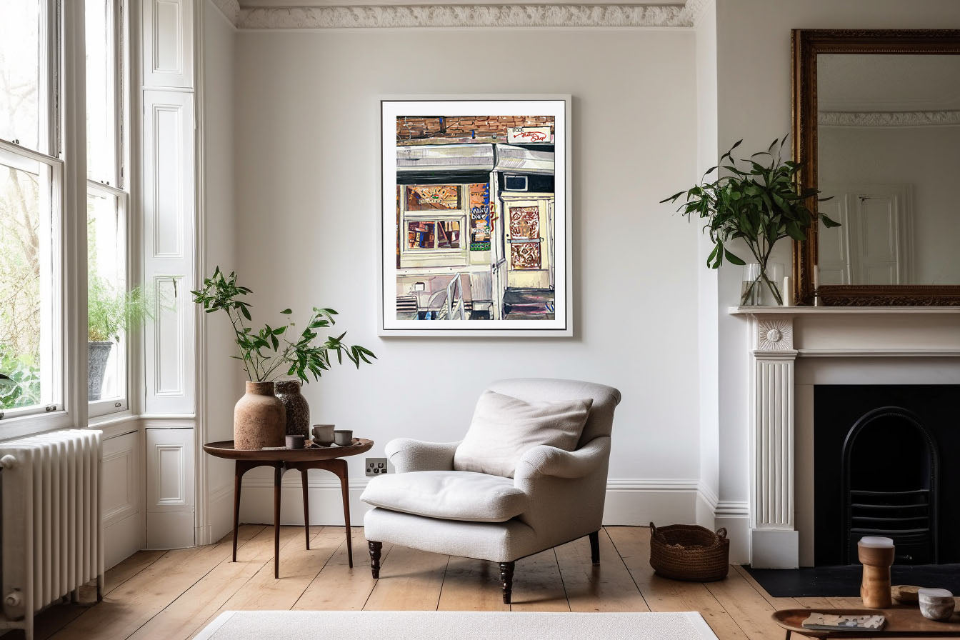 Bode Tailor Shop print of painting by Medjool Studio. Print of original gouache painting captivating the essence of Bode Tailor Shop, nestled within the vibrant streets of SoHo, New York City, using contrasting neutral and vibrant colours.