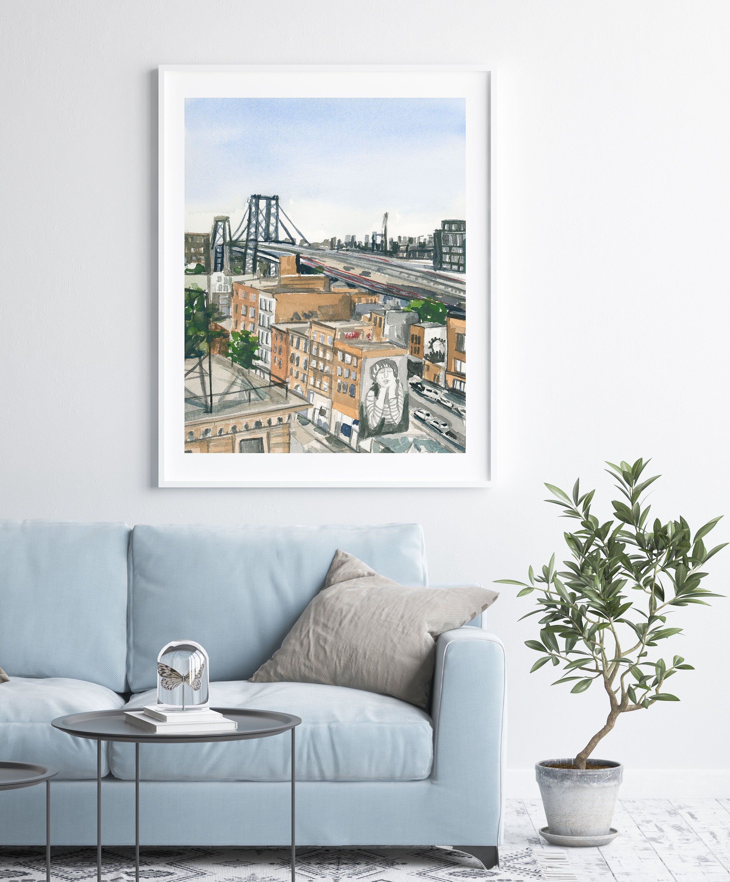 Brooklyn/Williamsburg bridge, New York streetscape print of painting by Medjool Studio. Print of original watercolor of a view of the Brooklyn Bridge from Williamsburg featuring neutral hues of a NY streetscape.