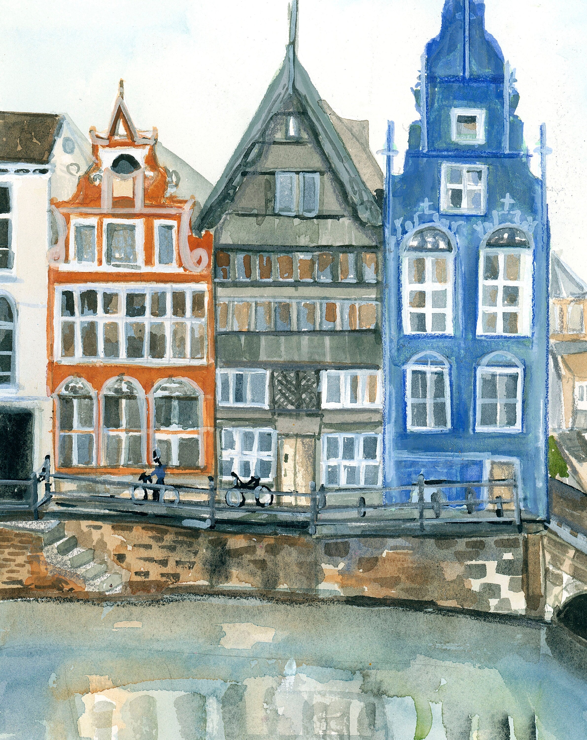 Brugge canal and buildings print of painting by Medjool Studio. Print of original gouache painting with neutral tones that captures the traditional buildings and cliffs of the Amalfi coast in Italy.