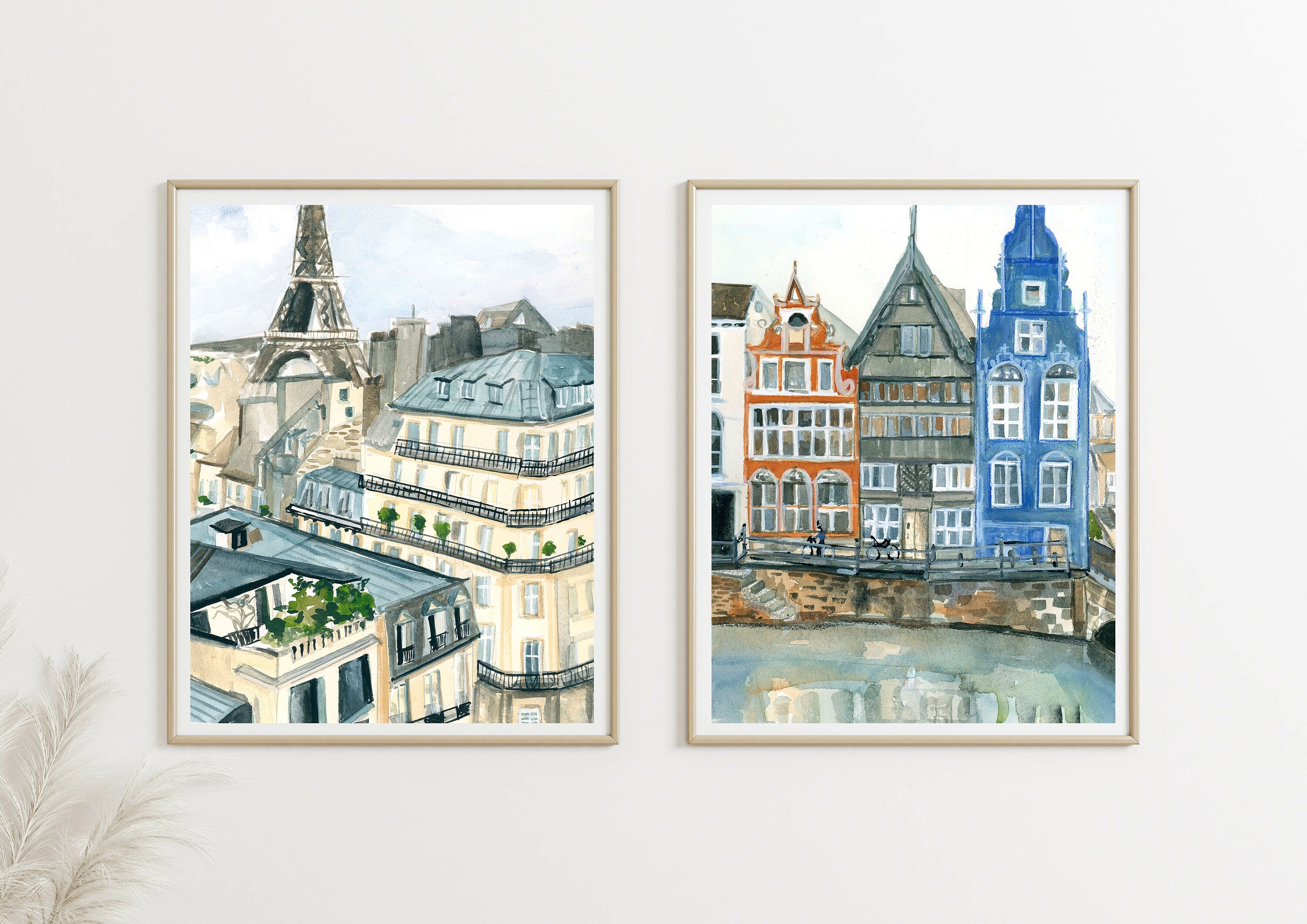 Brugge canal and buildings print of painting by Medjool Studio. Print of original gouache painting with neutral tones that captures the traditional buildings and cliffs of the Amalfi coast in Italy.