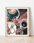 Coffee print of painting by Medjool Studio. Print of original gouache painting of full coffee mugs that captures the essence of coffee's charm.
