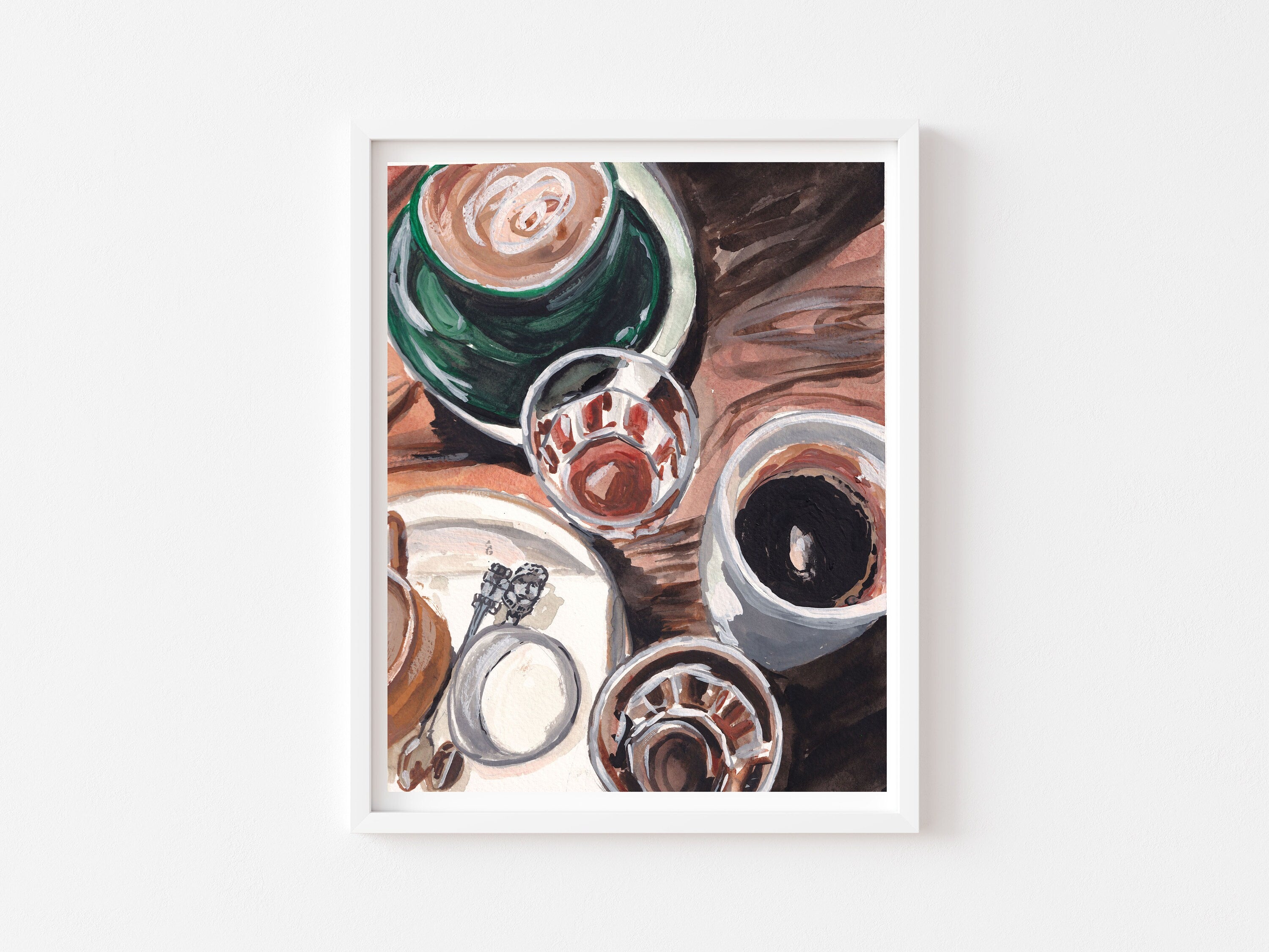 Coffee print of painting by Medjool Studio. Print of original gouache painting of full coffee mugs that captures the essence of coffee&#39;s charm.