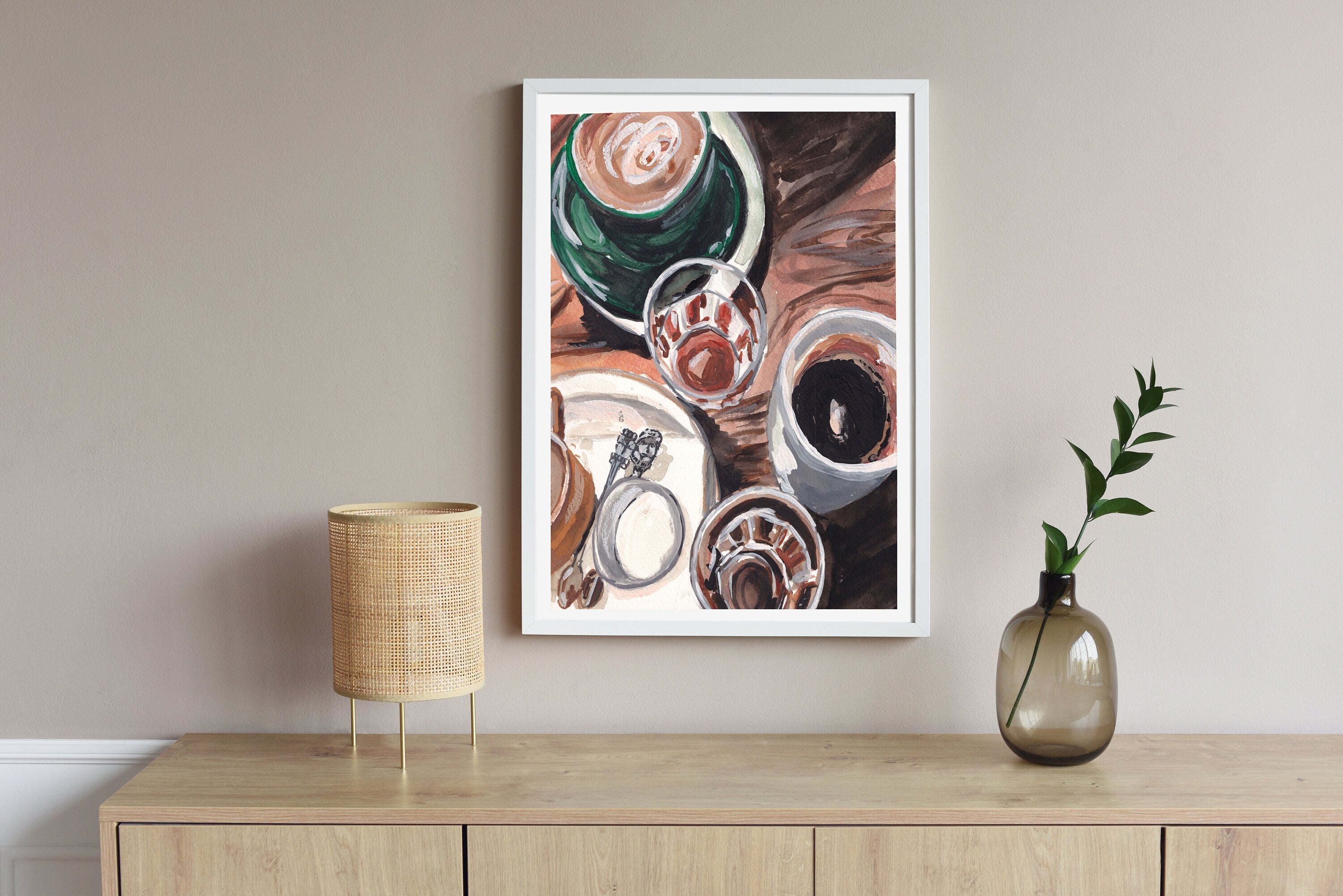 Coffee print of painting by Medjool Studio. Print of original gouache painting of full coffee mugs that captures the essence of coffee&#39;s charm.