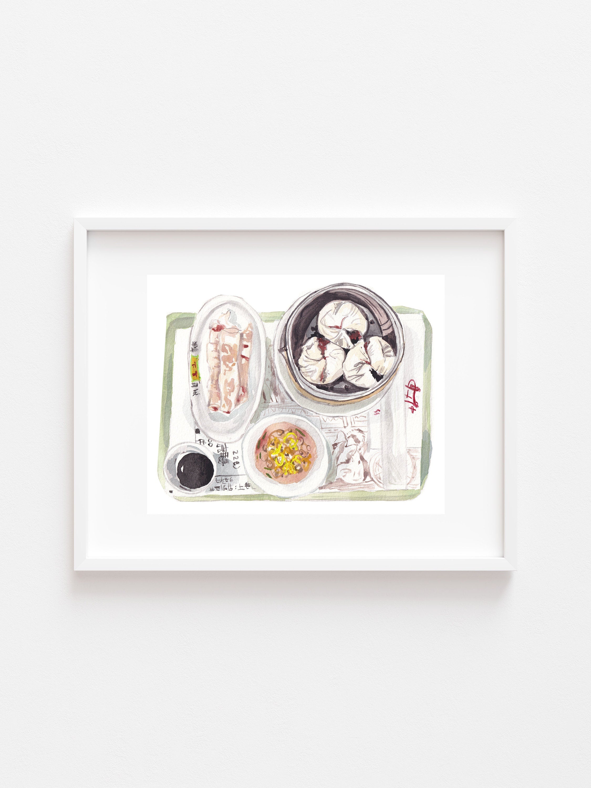 Dim sum print of painting by Medjool Studio. Print of a watercolor painting of a dim sum meal at the Hong Kong International Airport including traditional noodles and dumplings.