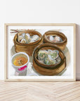 Dim sum sketch print of painting by Medjool Studio. Print of original gouache painting with bold colours showing a Hong Kong breakfast including a noodle bowl, toast and Hong Kong milk tea.