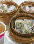 Dim sum sketch print of painting by Medjool Studio. Print of original gouache painting with bold colours showing a Hong Kong breakfast including a noodle bowl, toast and Hong Kong milk tea.