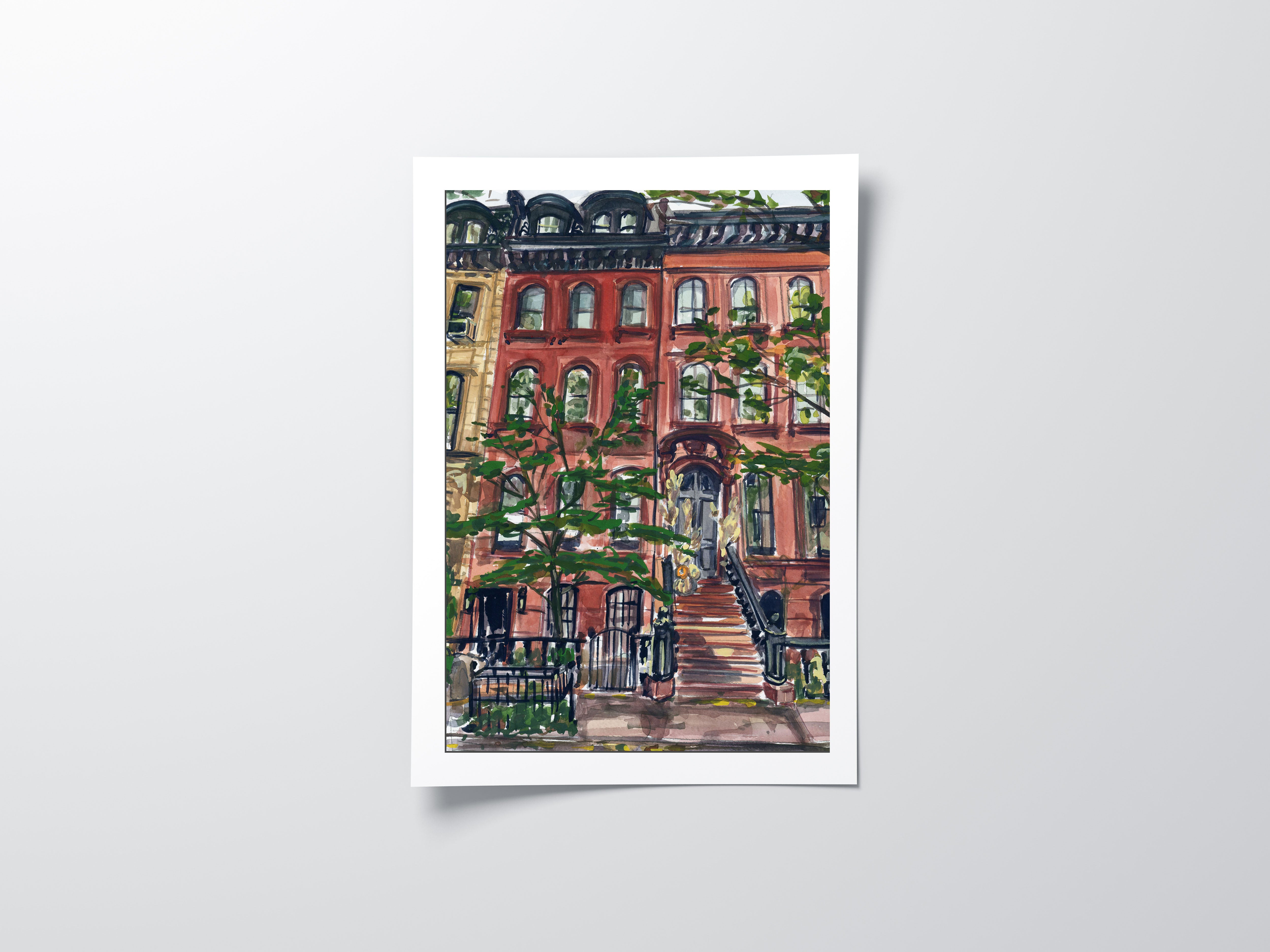 Dream Home - NYC print of painting by Medjool Studio. Print of original gouache painting captivating the timeless beauty of a classic NYC brownstone in the Upper East Side.
