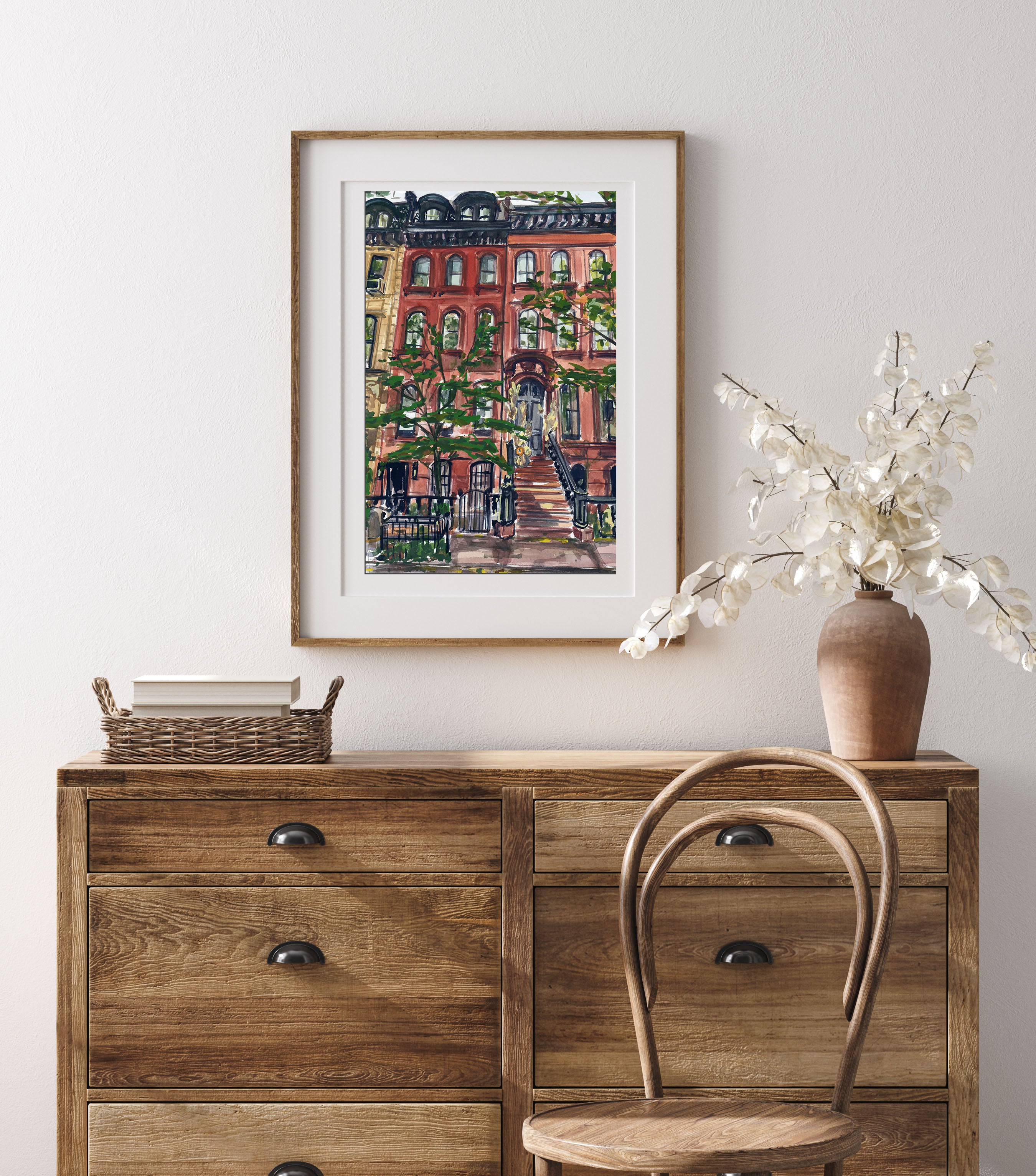 Dream Home - NYC print of painting by Medjool Studio. Print of original gouache painting captivating the timeless beauty of a classic NYC brownstone in the Upper East Side.