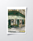 French cafe print of painting by Medjool Studio. Print of original gouache painting of the front of a small cafe on the corner of a street in France. Inspired by travels to Europe and fond memories of sightseeing and stopping for a coffee and croissant to refresh and enjoy the French atmosphere.