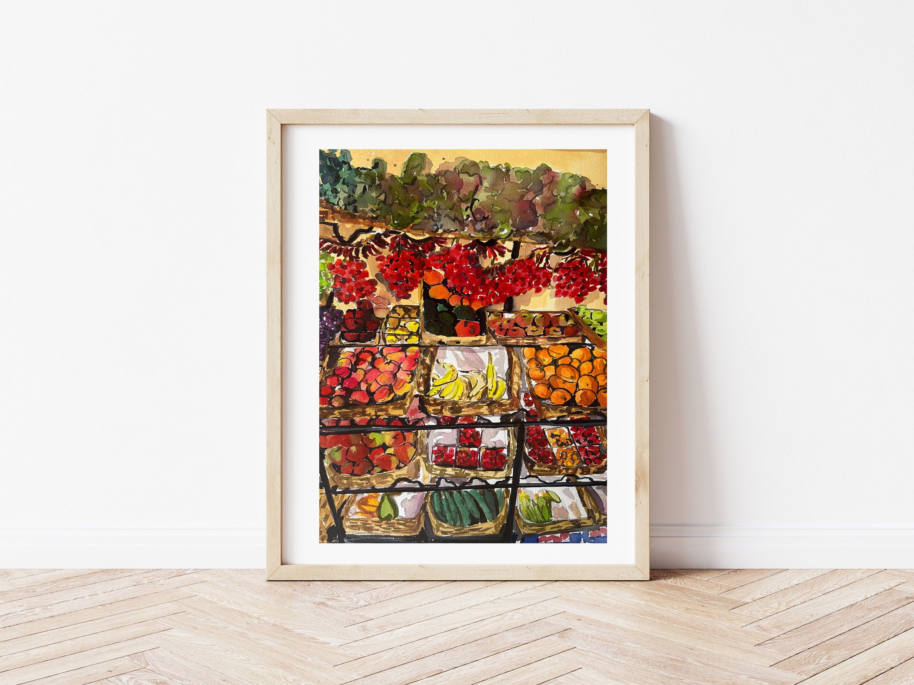 Fruit market print of painting by Medjool Studio. Print of original gouache painting of a fruit market in Southern France featuring bright and vibrant colours.