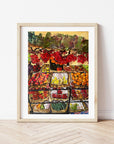 Fruit market print of painting by Medjool Studio. Print of original gouache painting of a fruit market in Southern France featuring bright and vibrant colours.