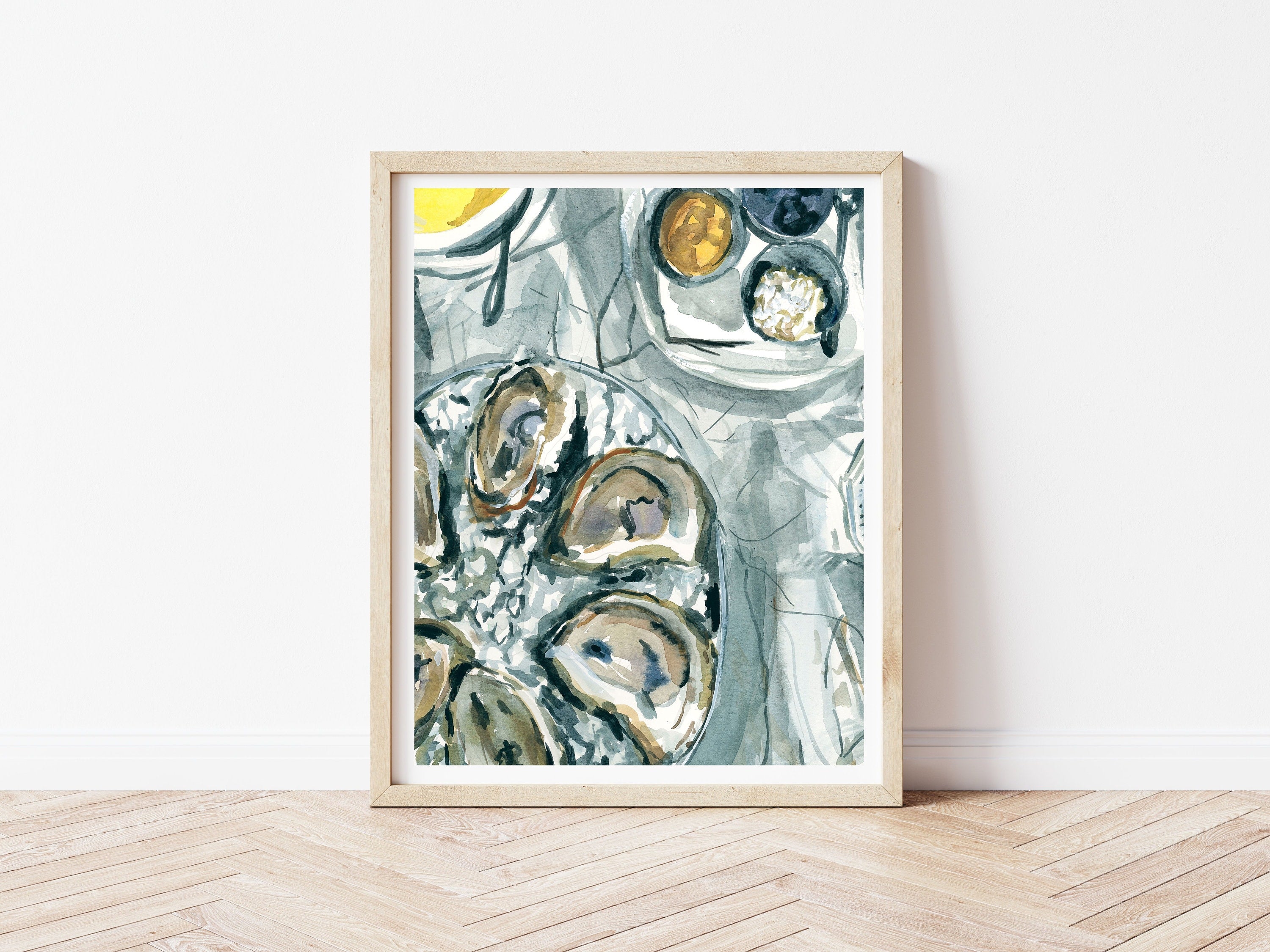 Grey-toned oyster painting print of painting by Medjool Studio. Print of original gouache painting of an oyster meal.