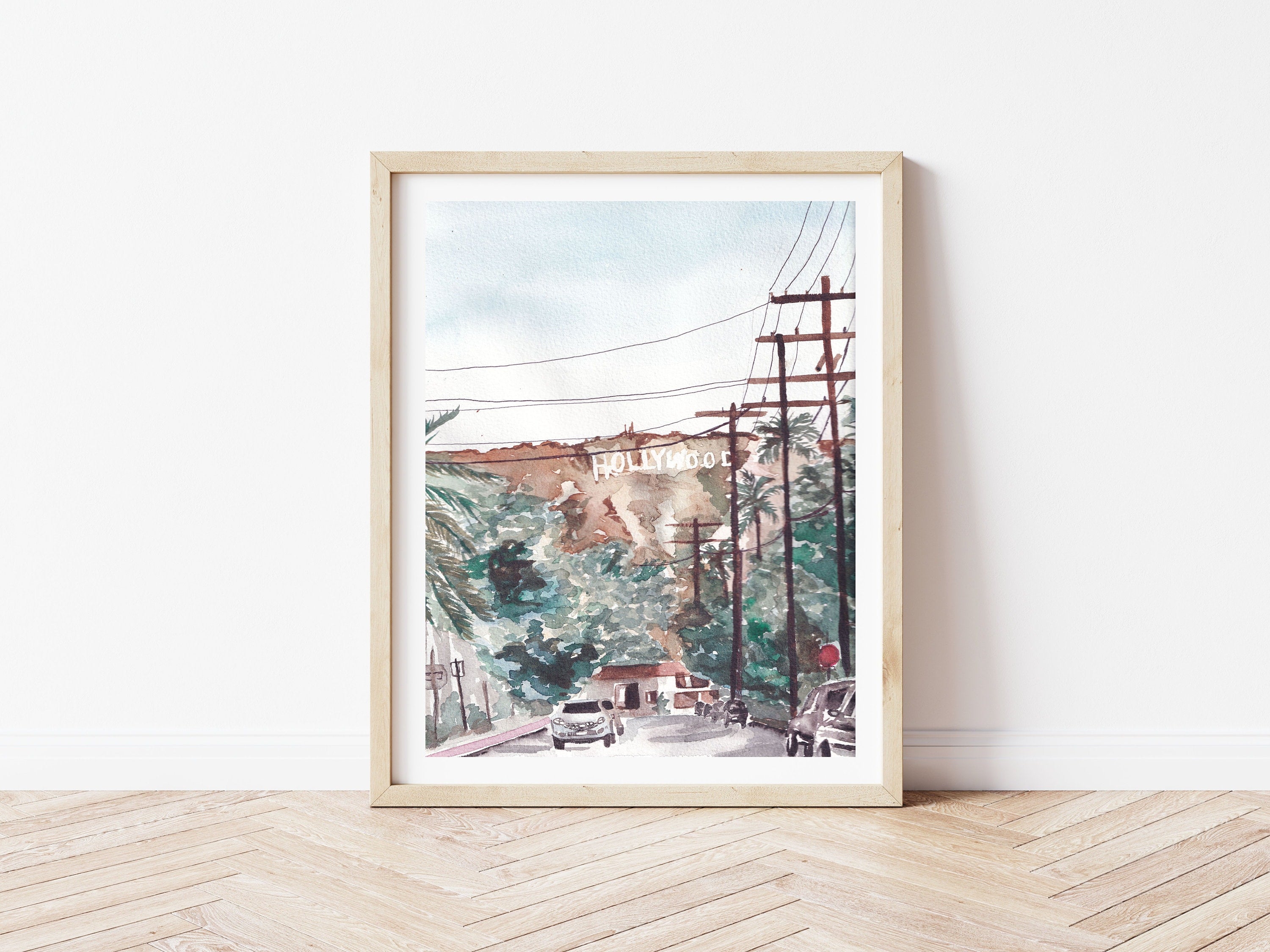 Hollywood sign print of painting by Medjool Studio. Watercolor print of the Hollywood Sign in Los Angeles. View is as if you are headed to Runyan Canyon and walking just off Franklin Ave.