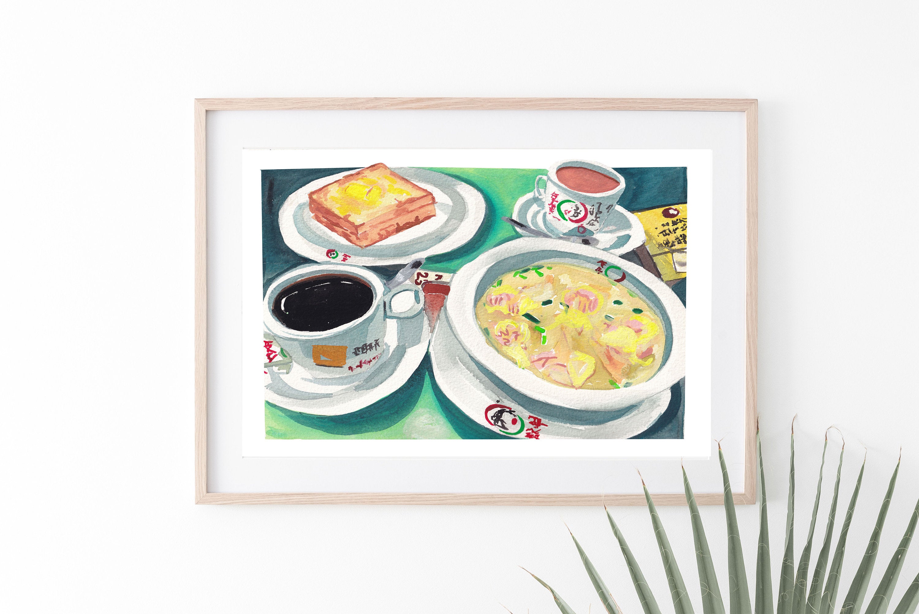 Hong Kong Breakfast Noodle print of painting by Medjool Studio. Print of original gouache painting featuring a noodle bowl, toast and tea.