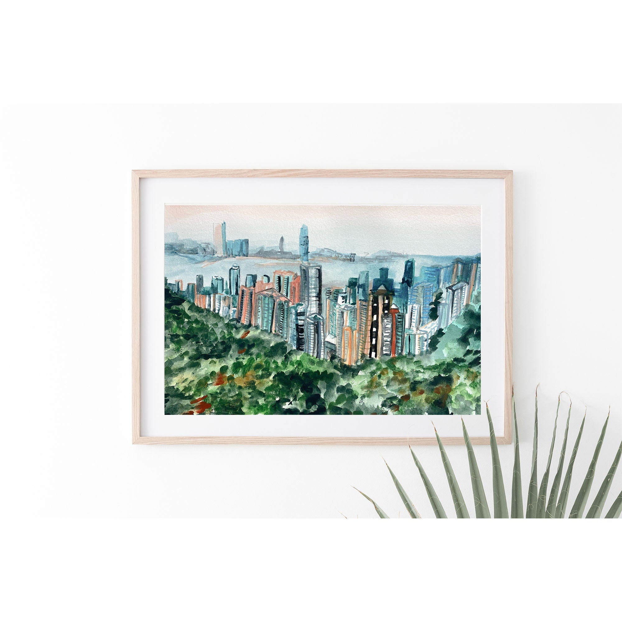 Hong Kong City Skyline print of painting by Medjool Studio. Print of watercolour painting of the Hong Kong skyline from the peak overlooking the Midlevel District in Hong Kong.
