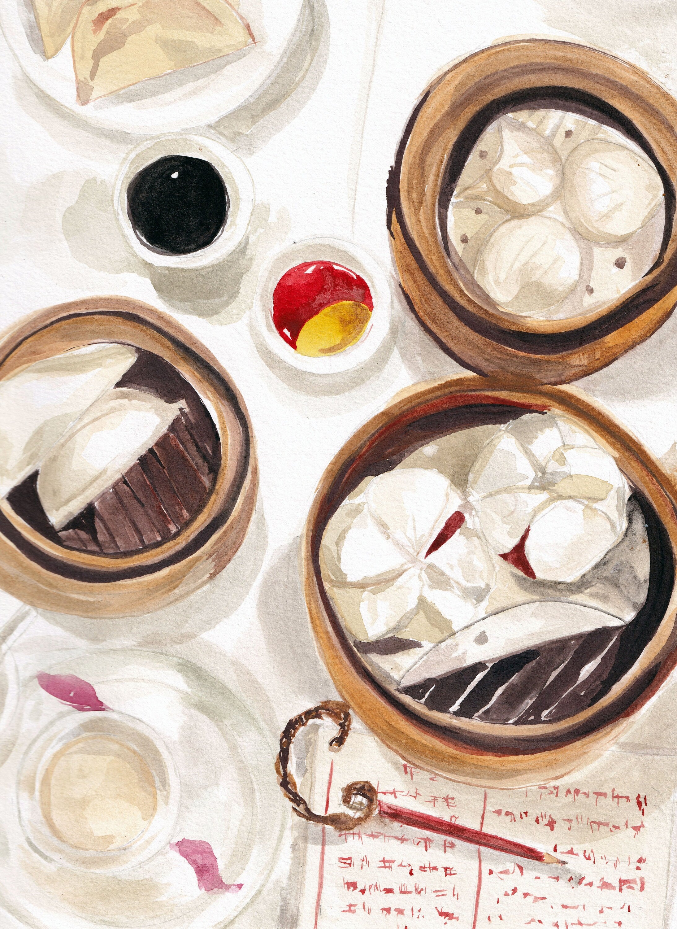 Hong Kong dim sum print of painting by Medjool Studio. Print of original gouache painting of a dim sum meal at Luk Yu Tea House in Hong Kong featuring various different kinds of dumplings.