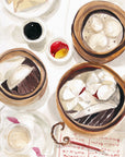 Hong Kong dim sum print of painting by Medjool Studio. Print of original gouache painting of a dim sum meal at Luk Yu Tea House in Hong Kong featuring various different kinds of dumplings.