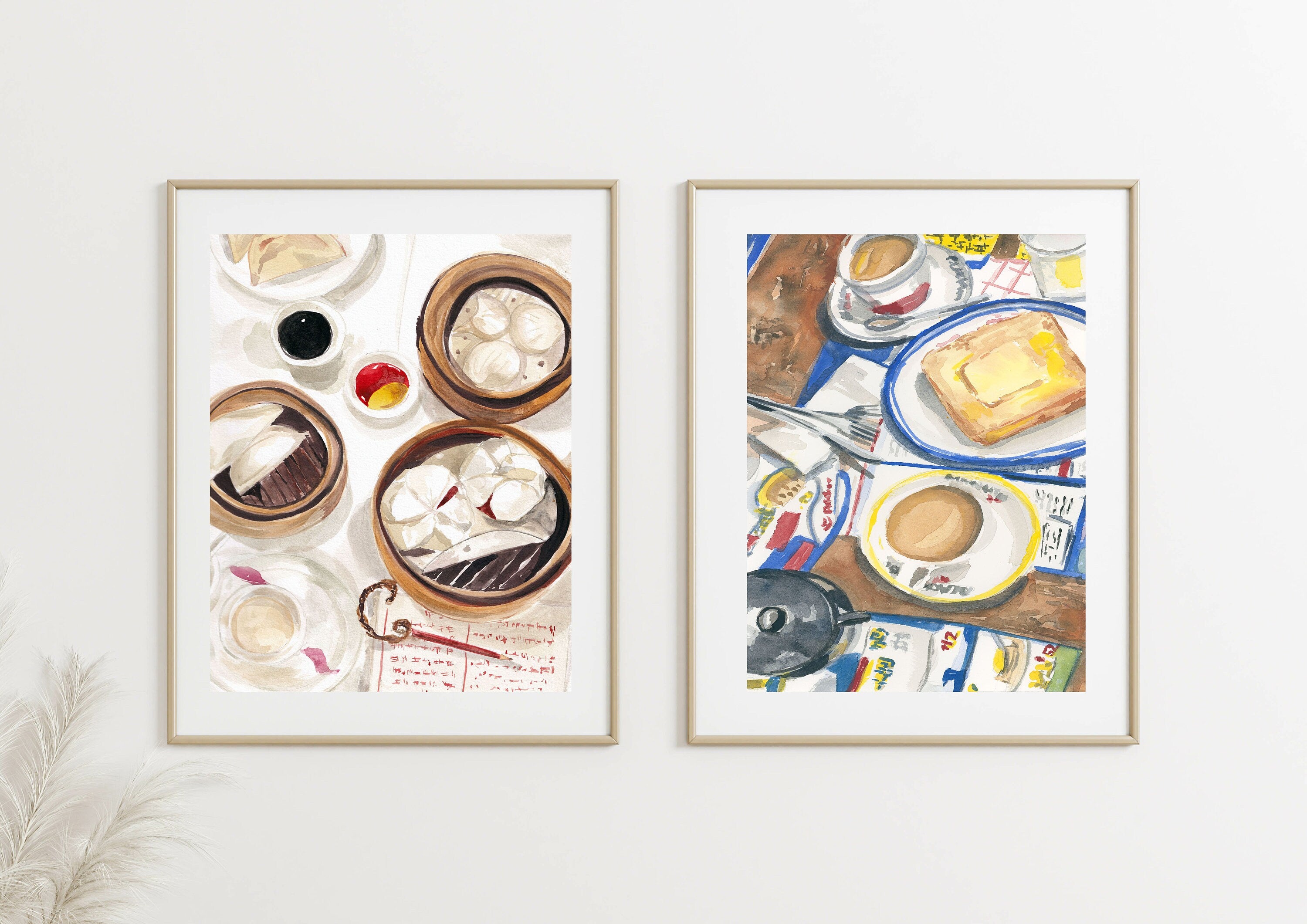 Hong Kong restaurant print of painting by Medjool Studio. Print of original gouache painting featuring a Hong Kong breakfast including toast and Hong Kong milk tea.