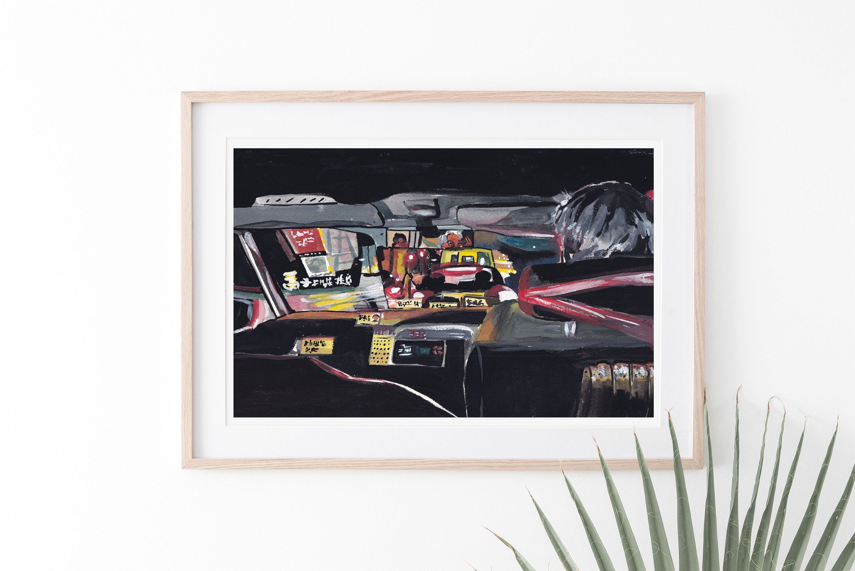 Hong Kong taxi print of painting by Medjool Studio. Print of original gouache painting of a view looking out of a Hong Kong taxi at night. 