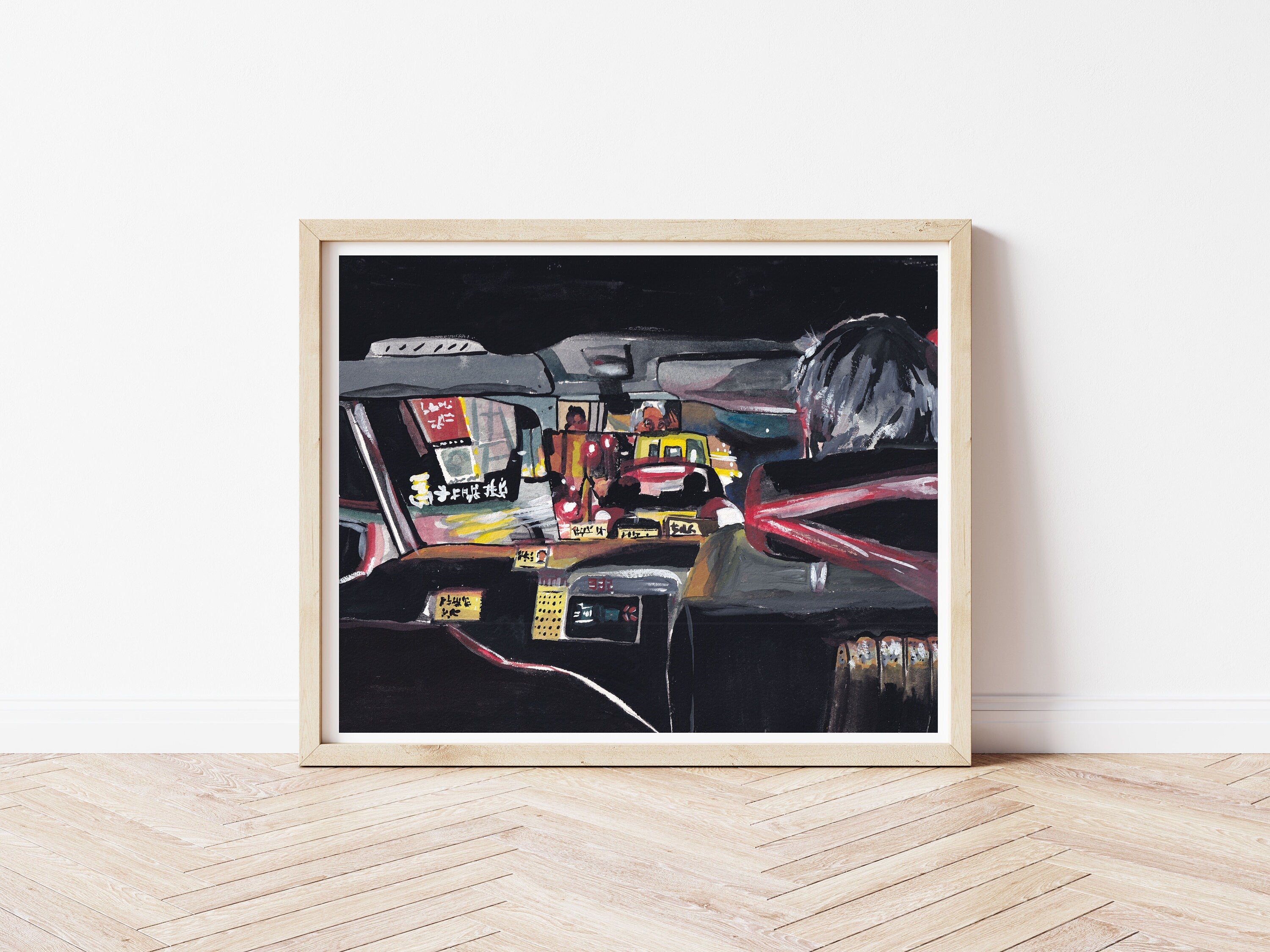 Hong Kong taxi print of painting by Medjool Studio. Print of original gouache painting of a view looking out of a Hong Kong taxi at night. 