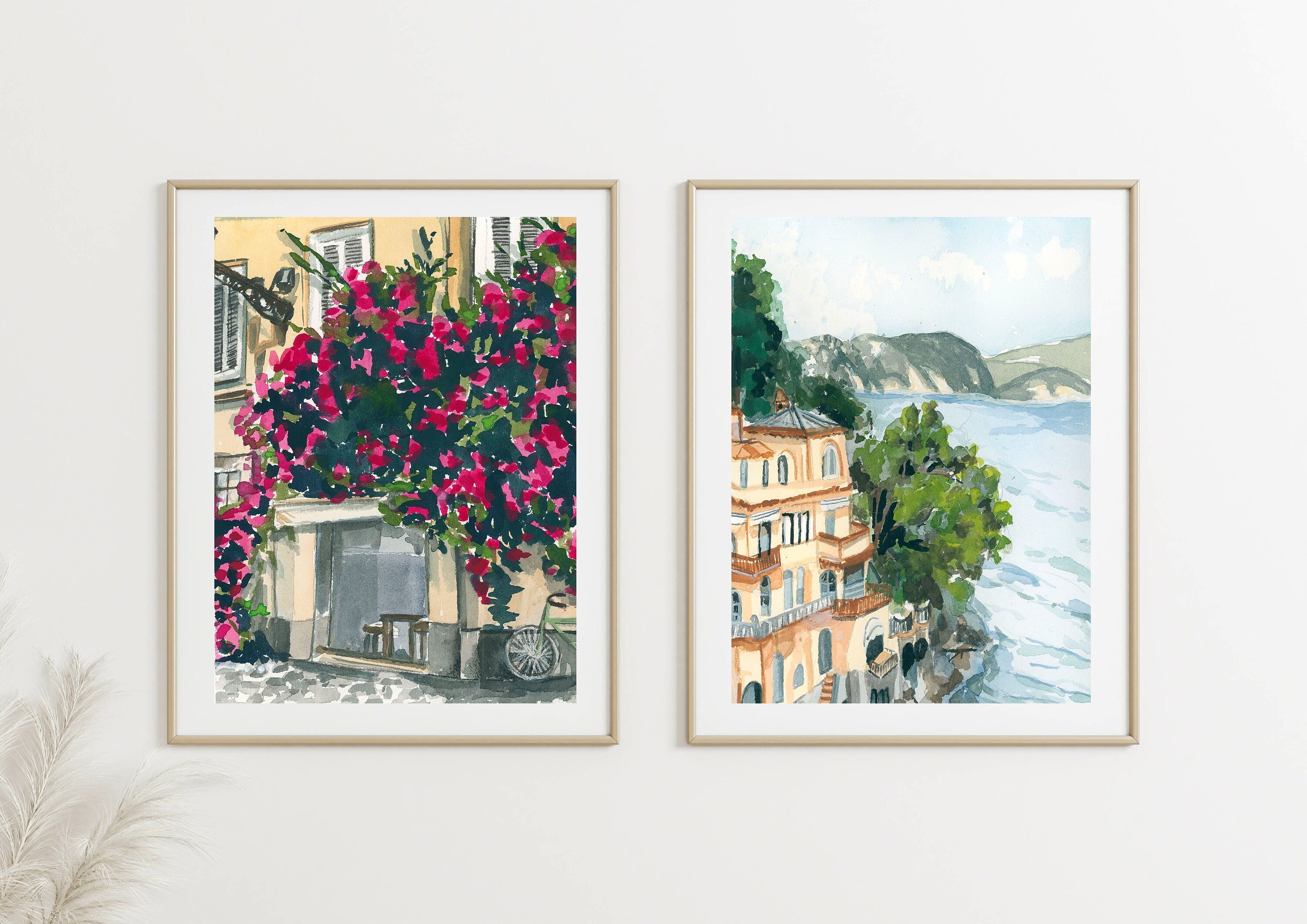 Italian streetscape with flowers print of painting by Medjool studio. Print of original gouache painting featuring an Italian building covered with beautiful pink flowers.
