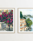 Italian streetscape with flowers print of painting by Medjool studio. Print of original gouache painting featuring an Italian building covered with beautiful pink flowers.