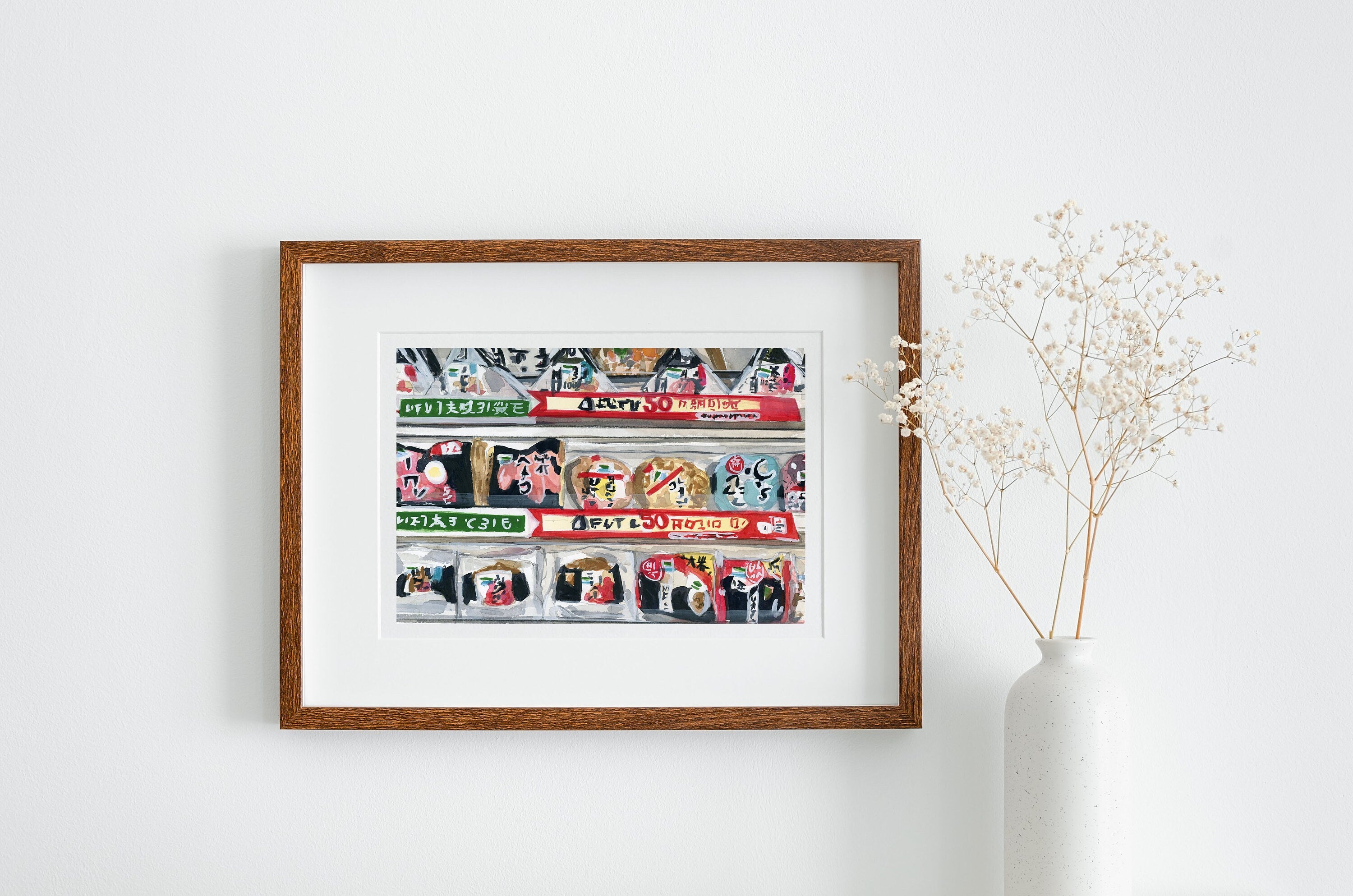 Japanese convenience store and onigiri print of painting by Medjool Studio. Print of original gouache painting featuring a Japanese convenience store shelf with a variety of onigiri snacks.