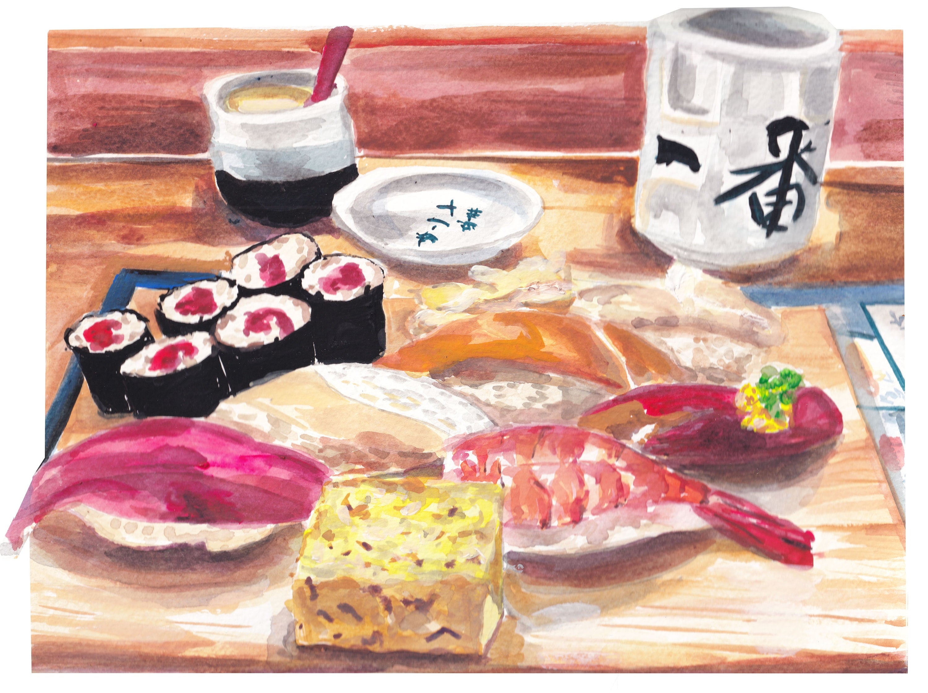 Japanese sushi meal print of painting by Medjool Studio. Print of original gouache painting featuring a sushi meal from Tokyo, Japan.
