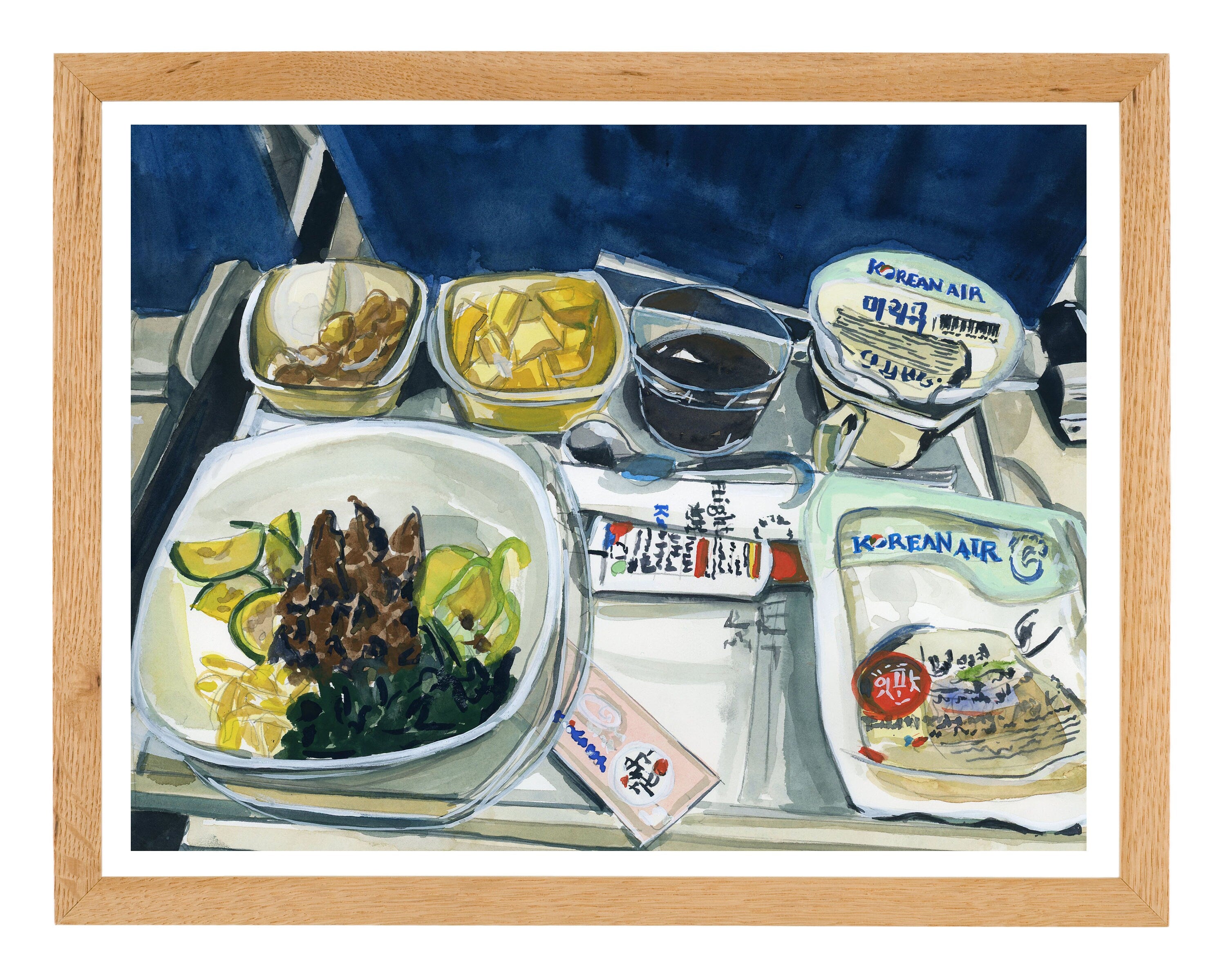 Korean air meal print of painting by Medjool Studio. Print of original gouache painting featuring a Korean Air airplane meal.