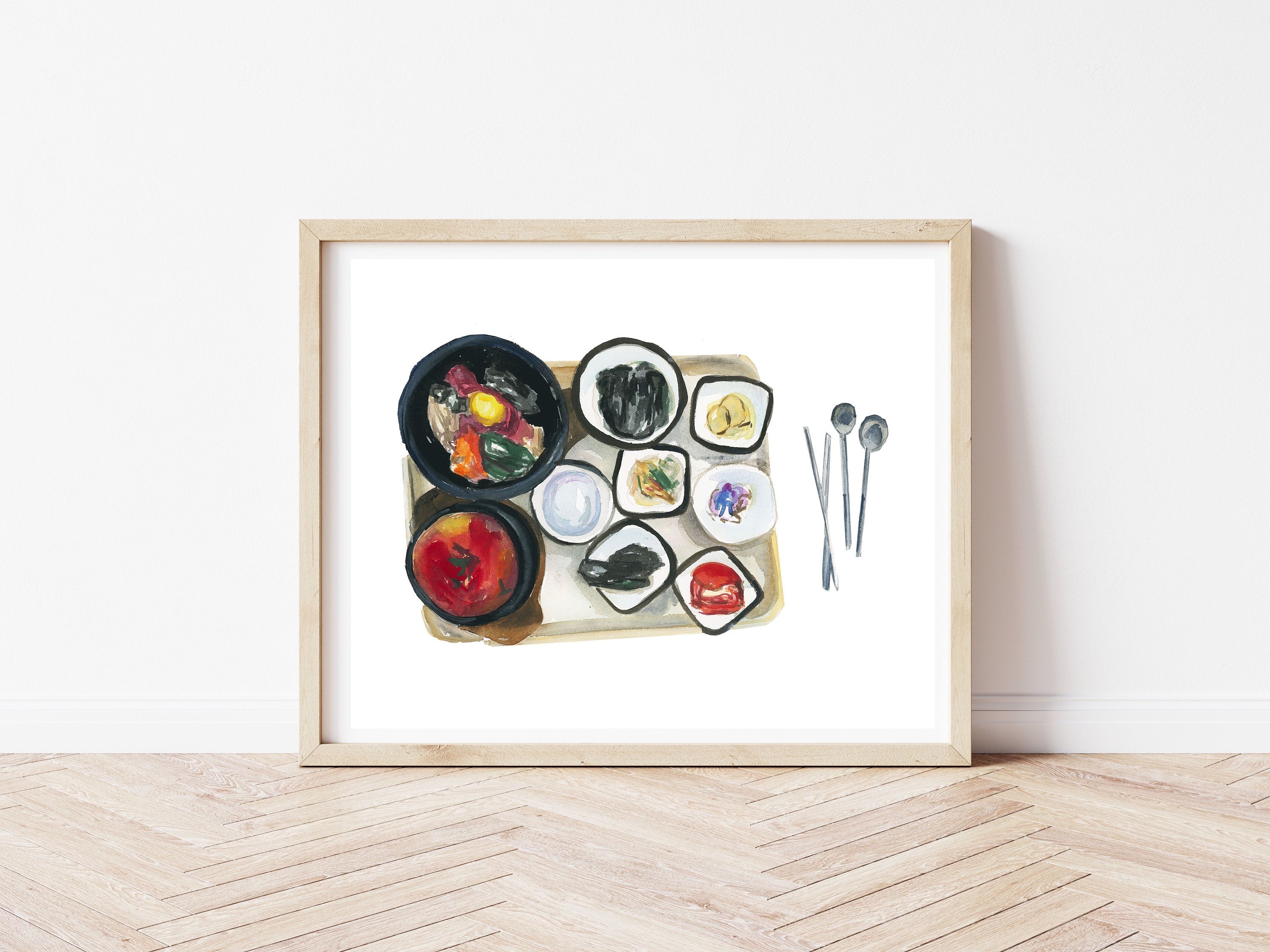 Korean lunch print of painting by Medjool Studio. Watercolour painting featuring a traditional Korean meal from Seoul including traditional soup, rice, bipimpap, kimchi, and other sides.