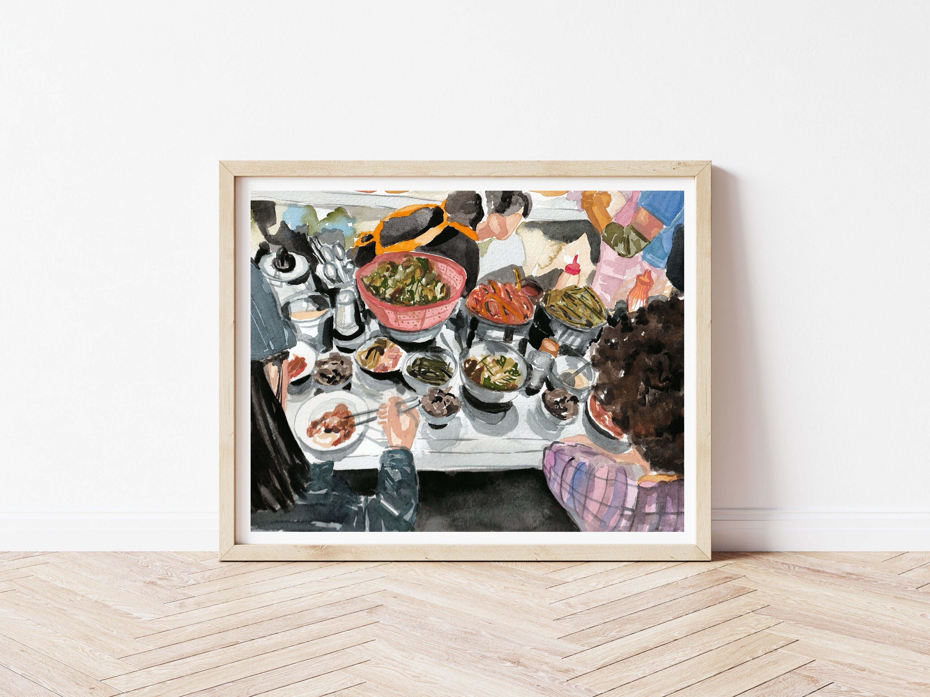 Korean street food - back of heads print of painting by Medjool Studio.  Print of original gouache painting featuring a scene from a food market in Korea. Shows the view from behind a couple overlooking a table full of different street foods.