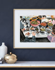 Korean street food - back of heads print of painting by Medjool Studio.  Print of original gouache painting featuring a scene from a food market in Korea. Shows the view from behind a couple overlooking a table full of different street foods.
